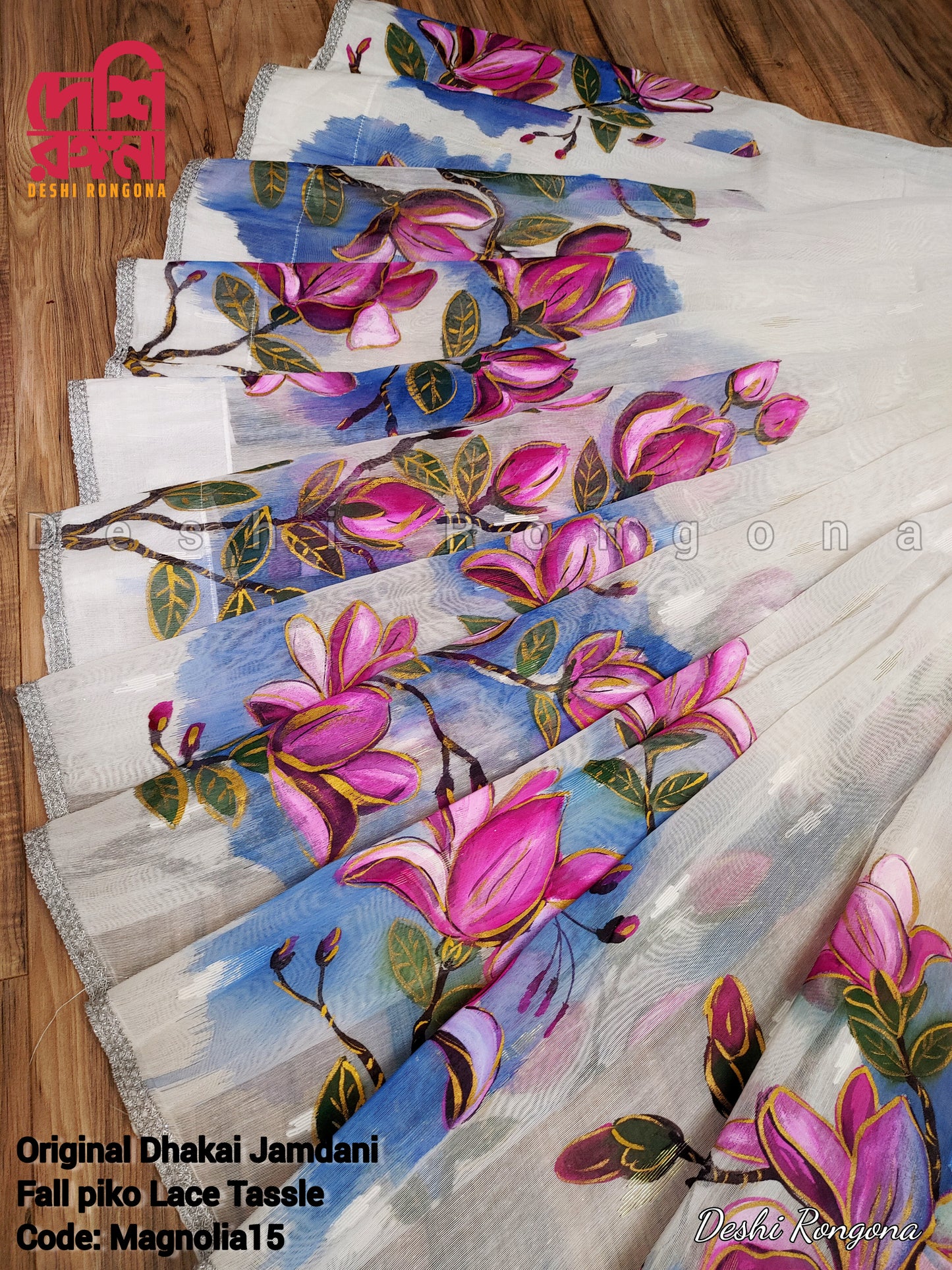 Handpainted Jamdani, Original Dhakai Saree | Pink Magnolia Theme