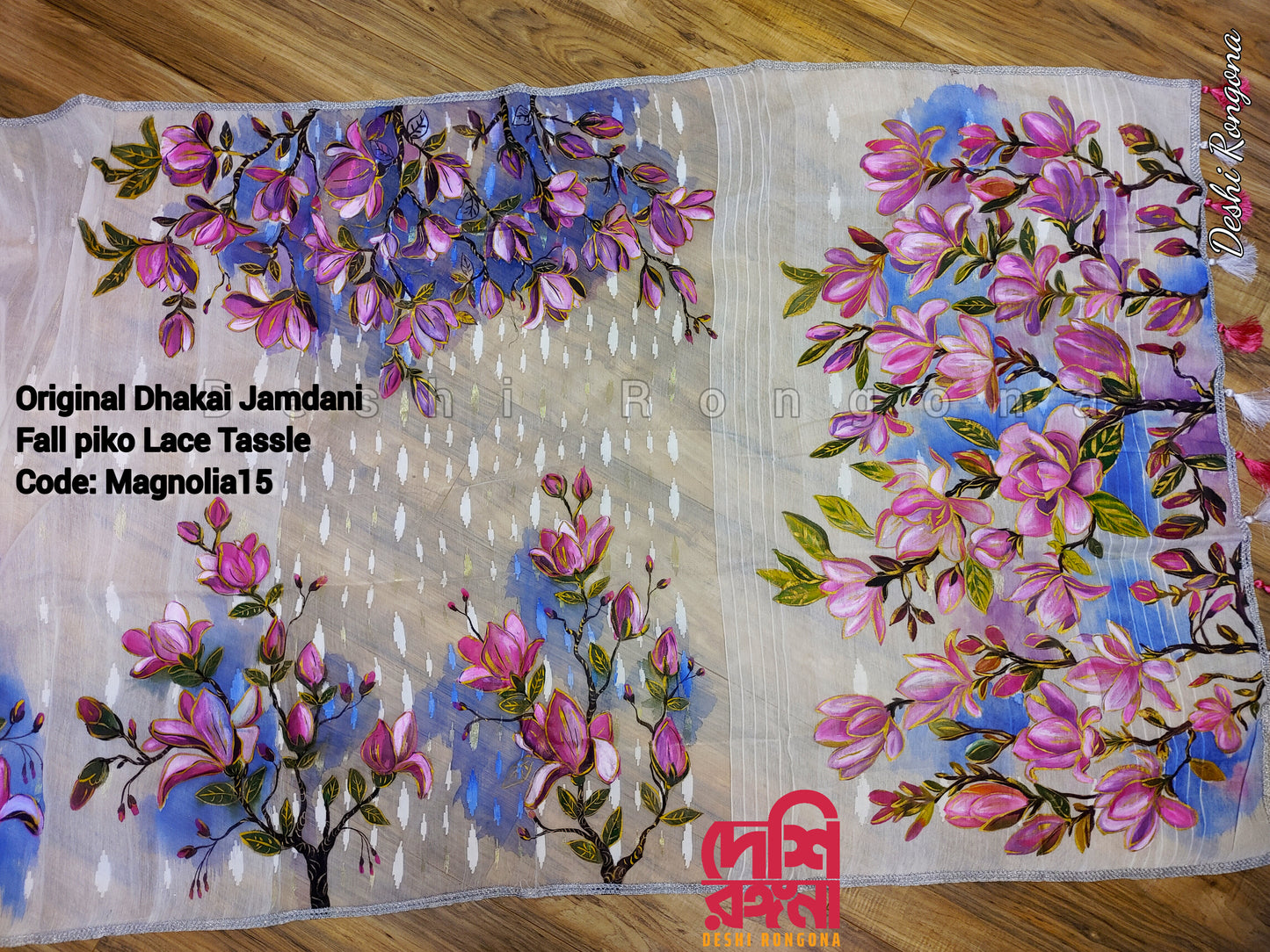 Handpainted Jamdani, Original Dhakai Saree | Pink Magnolia Theme