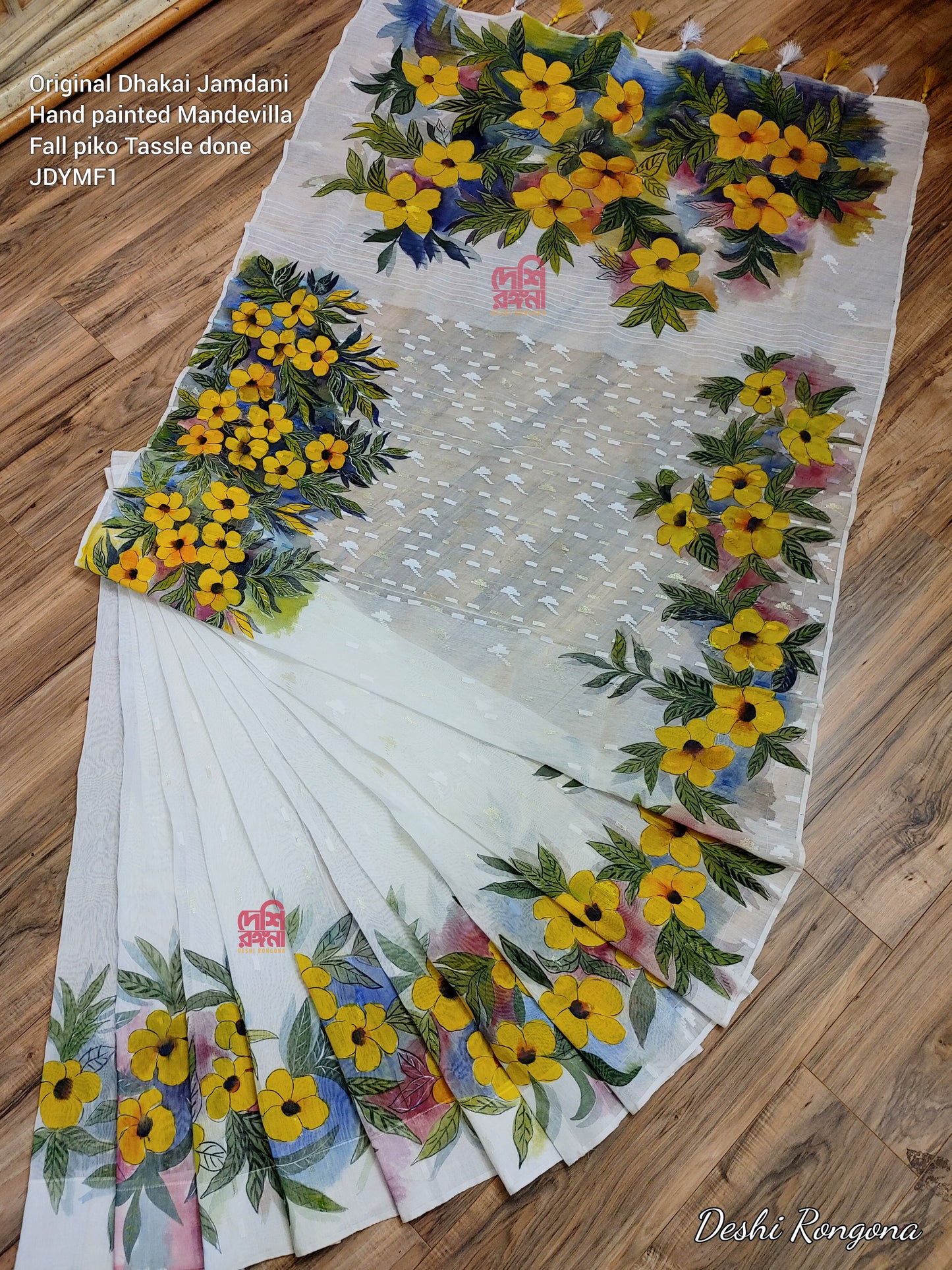 Handpainted Jamdani, Original Dhakai Saree | Yellow Alkananda Theme