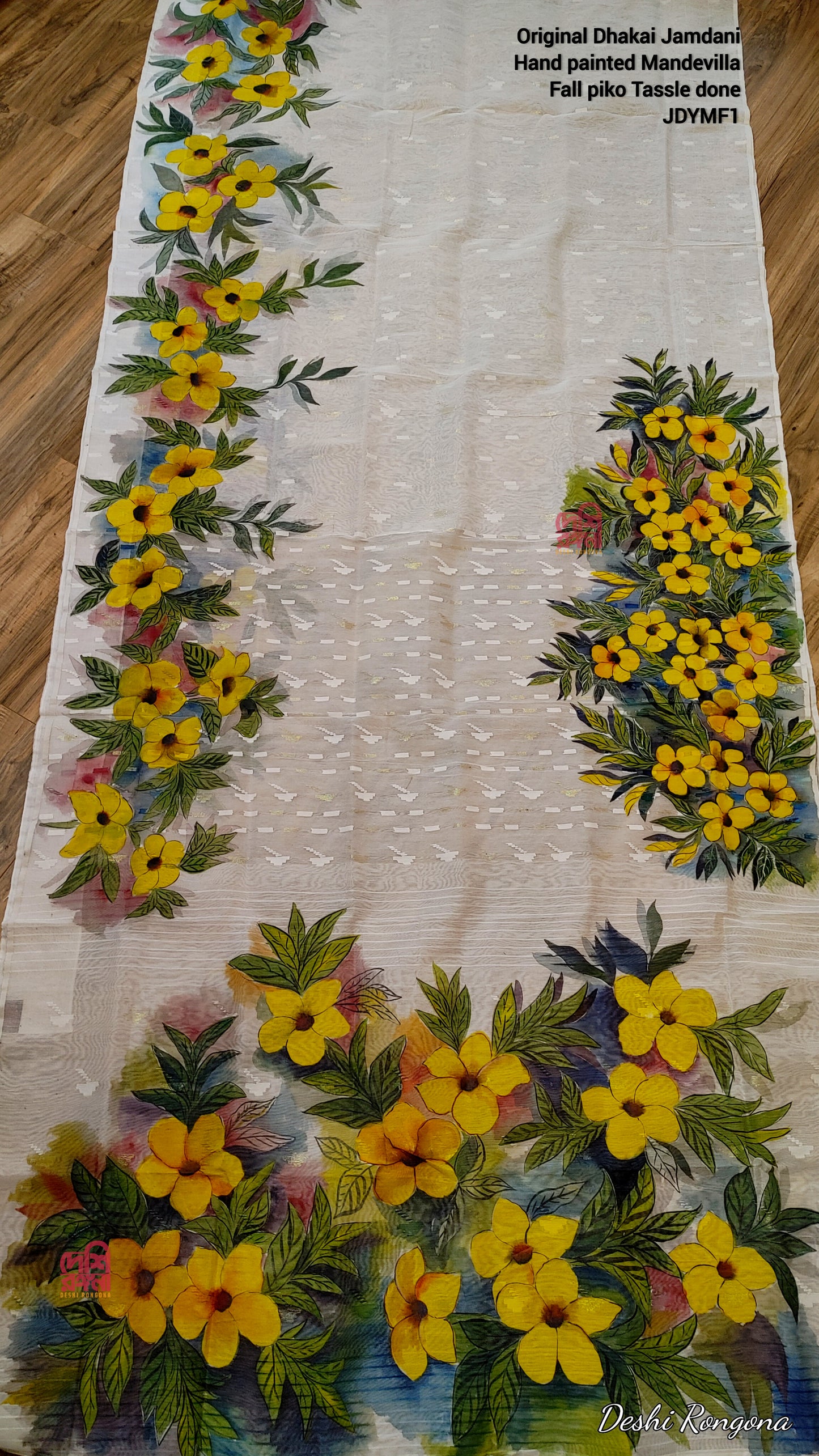 Handpainted Jamdani, Original Dhakai Saree | Yellow Alkananda Theme