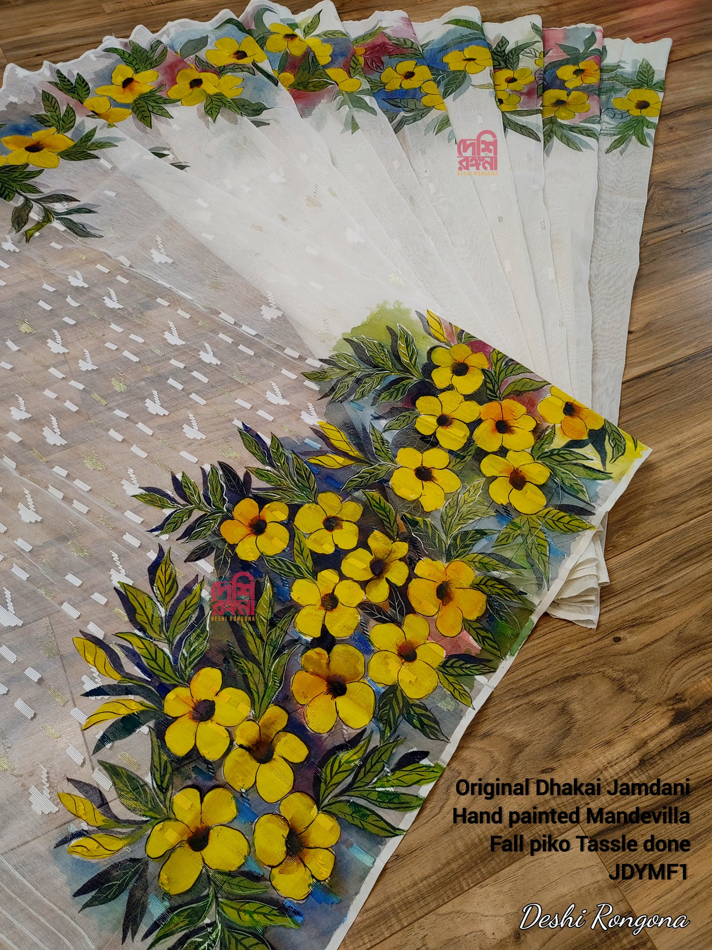 Handpainted Jamdani, Original Dhakai Saree | Yellow Alkananda Theme