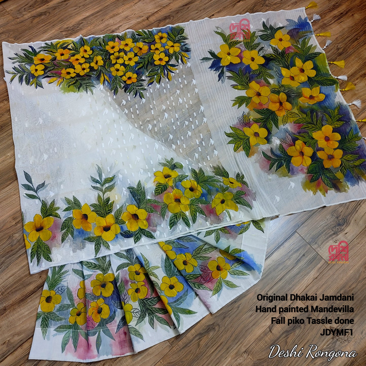 Handpainted Jamdani, Original Dhakai Saree | Yellow Alkananda Theme