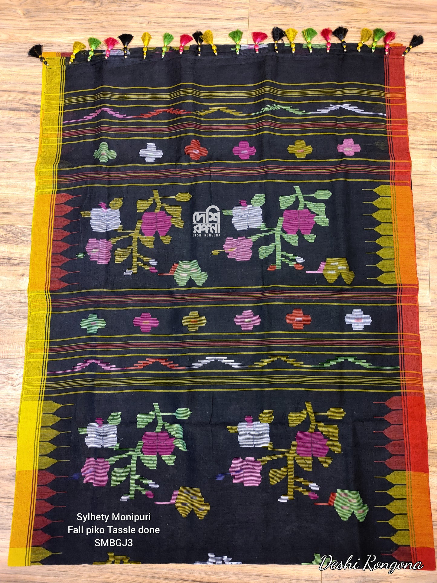 Monipuri Handwoven Cotton Saree, Black & Red-Yellow