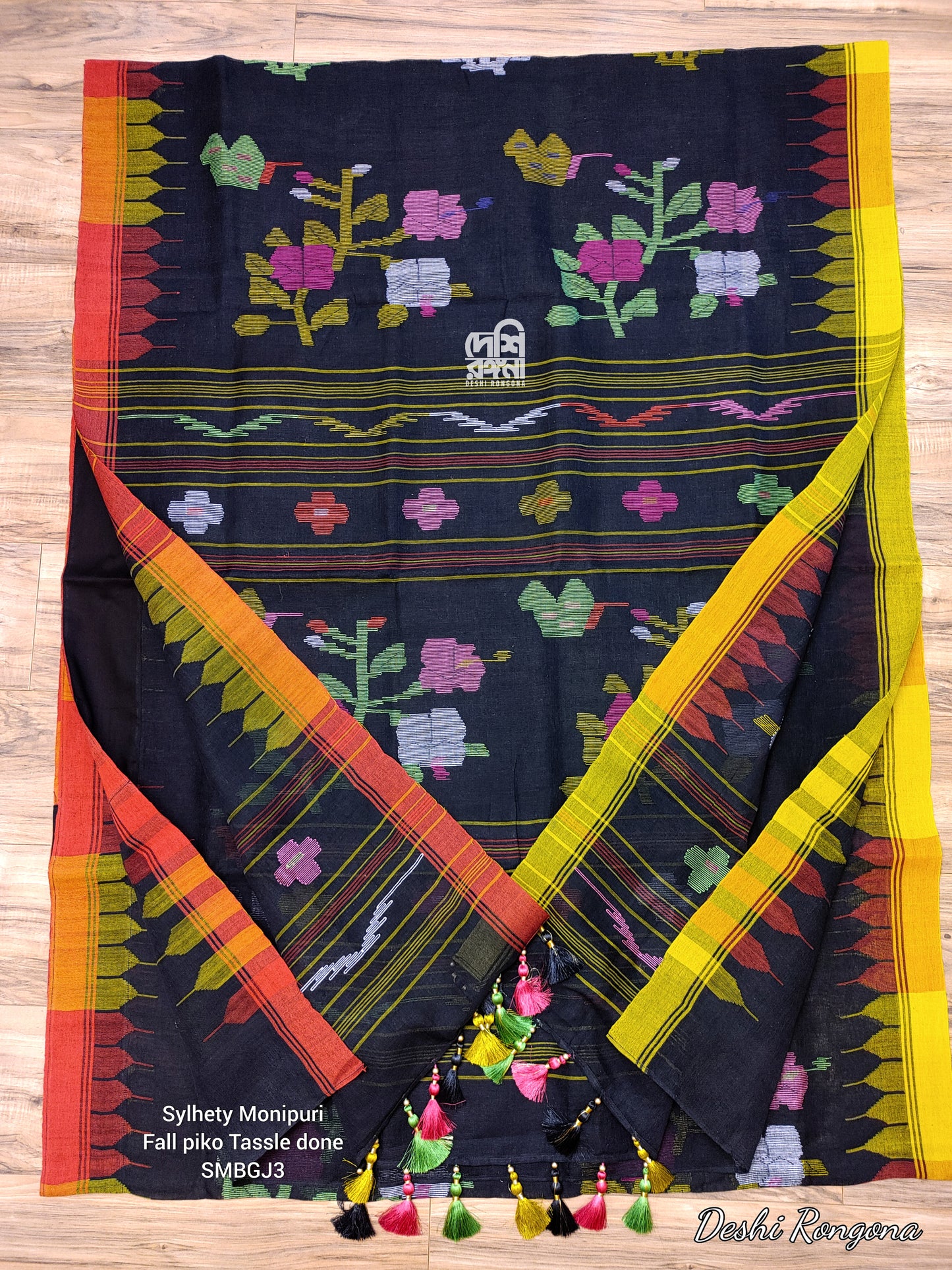 Monipuri Handwoven Cotton Saree, Black & Red-Yellow