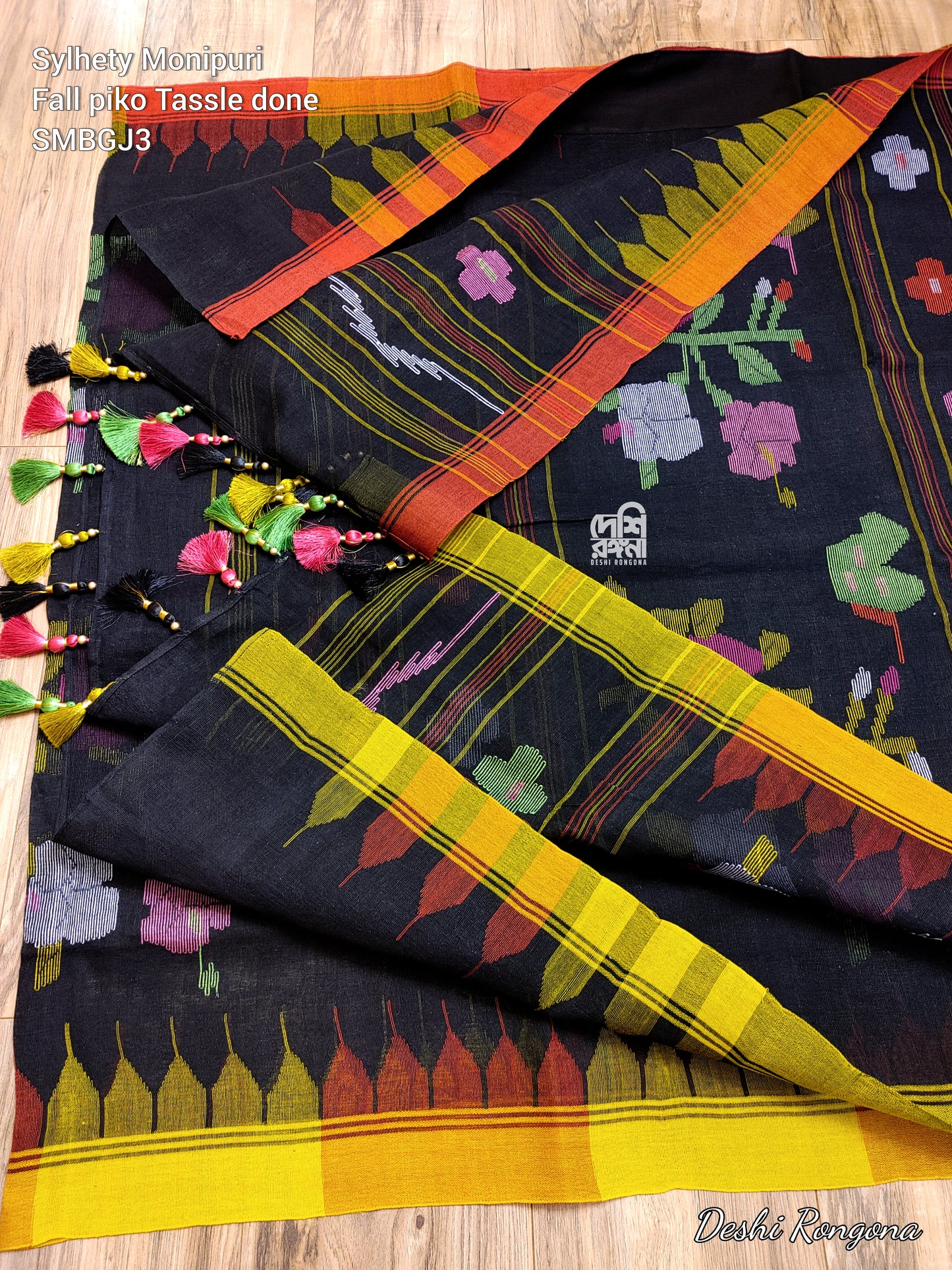 Monipuri Handwoven Cotton Saree, Black & Red-Yellow