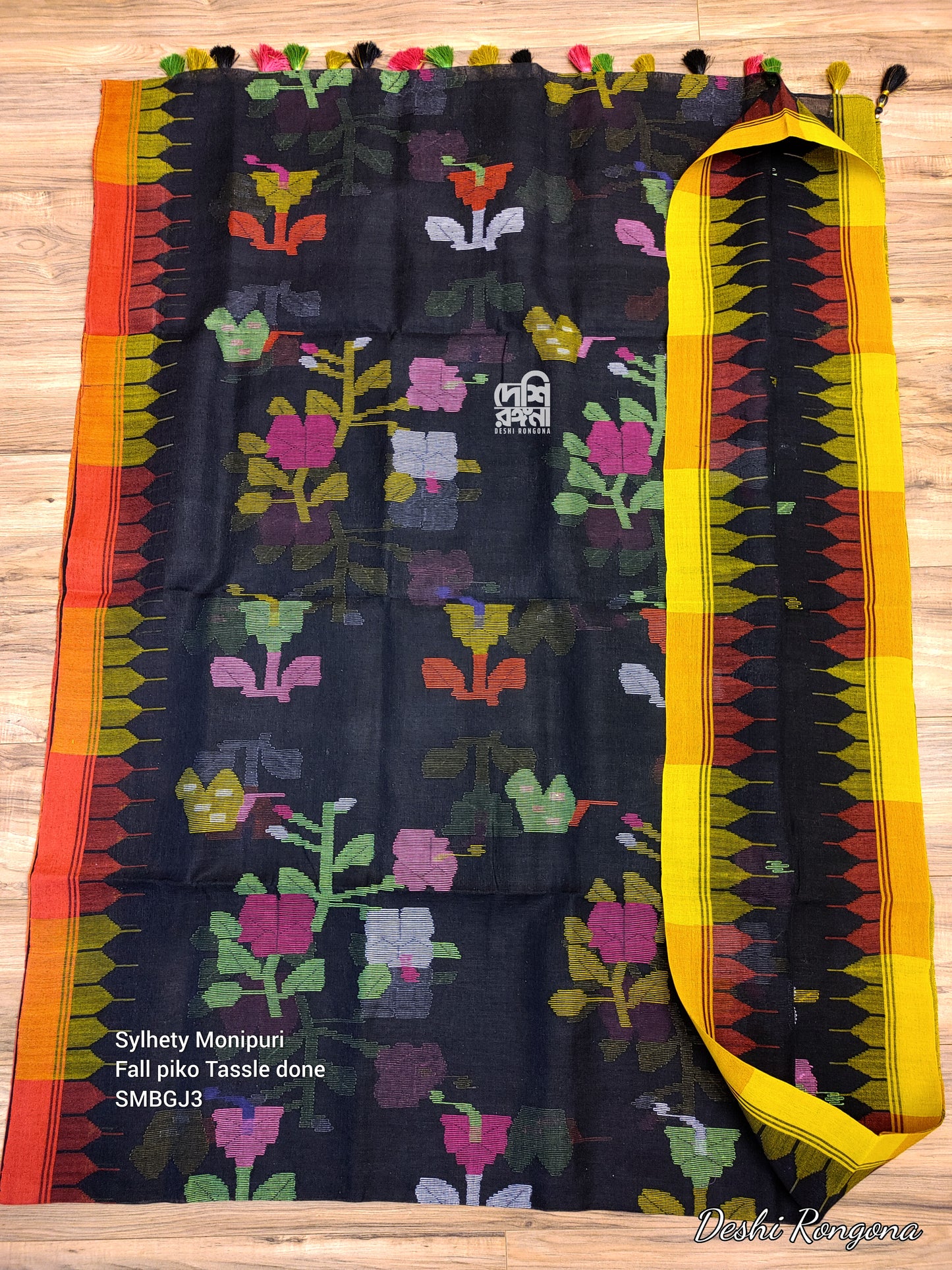 Monipuri Handwoven Cotton Saree, Black & Red-Yellow