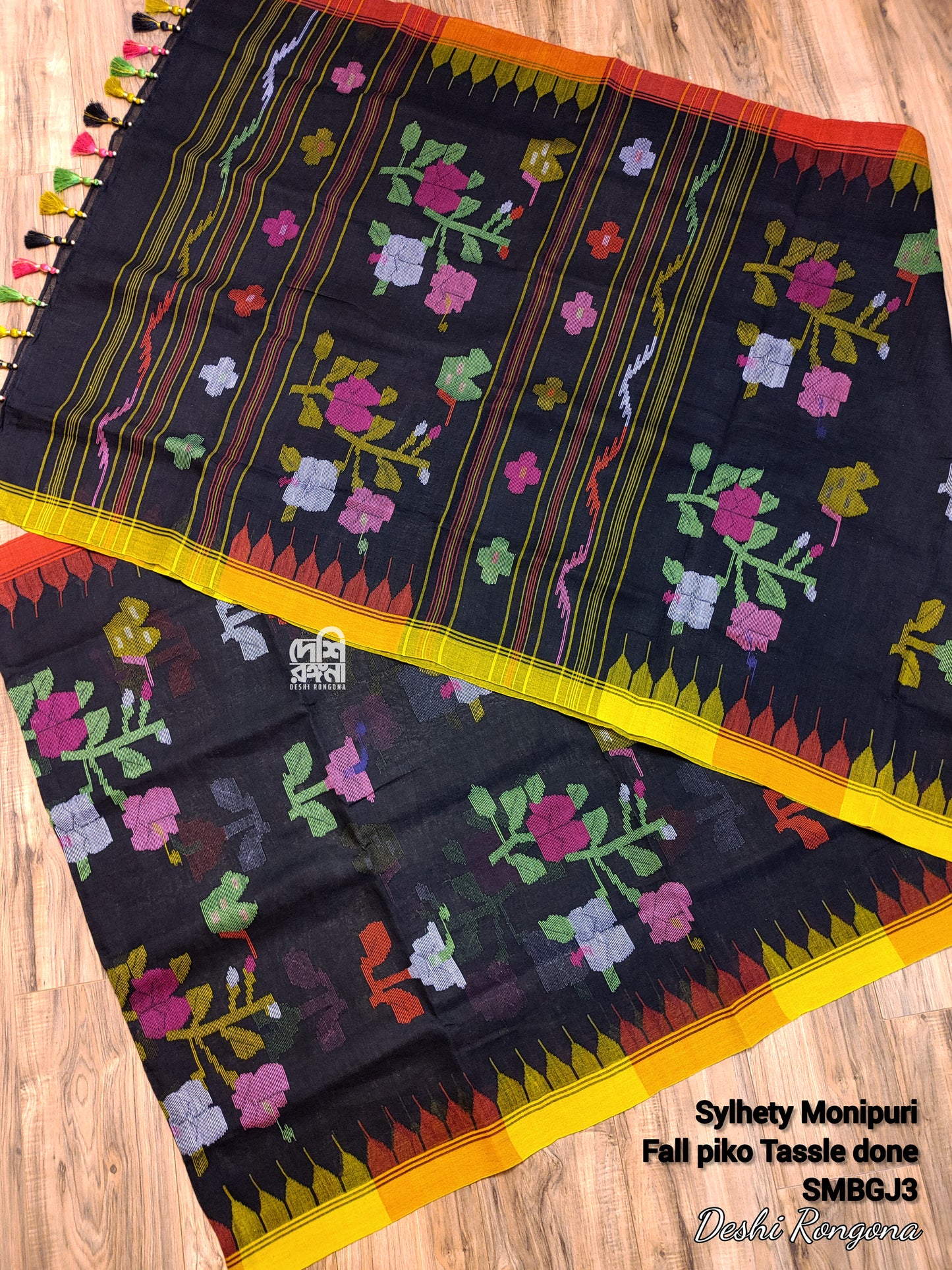 Monipuri Handwoven Cotton Saree, Black & Red-Yellow
