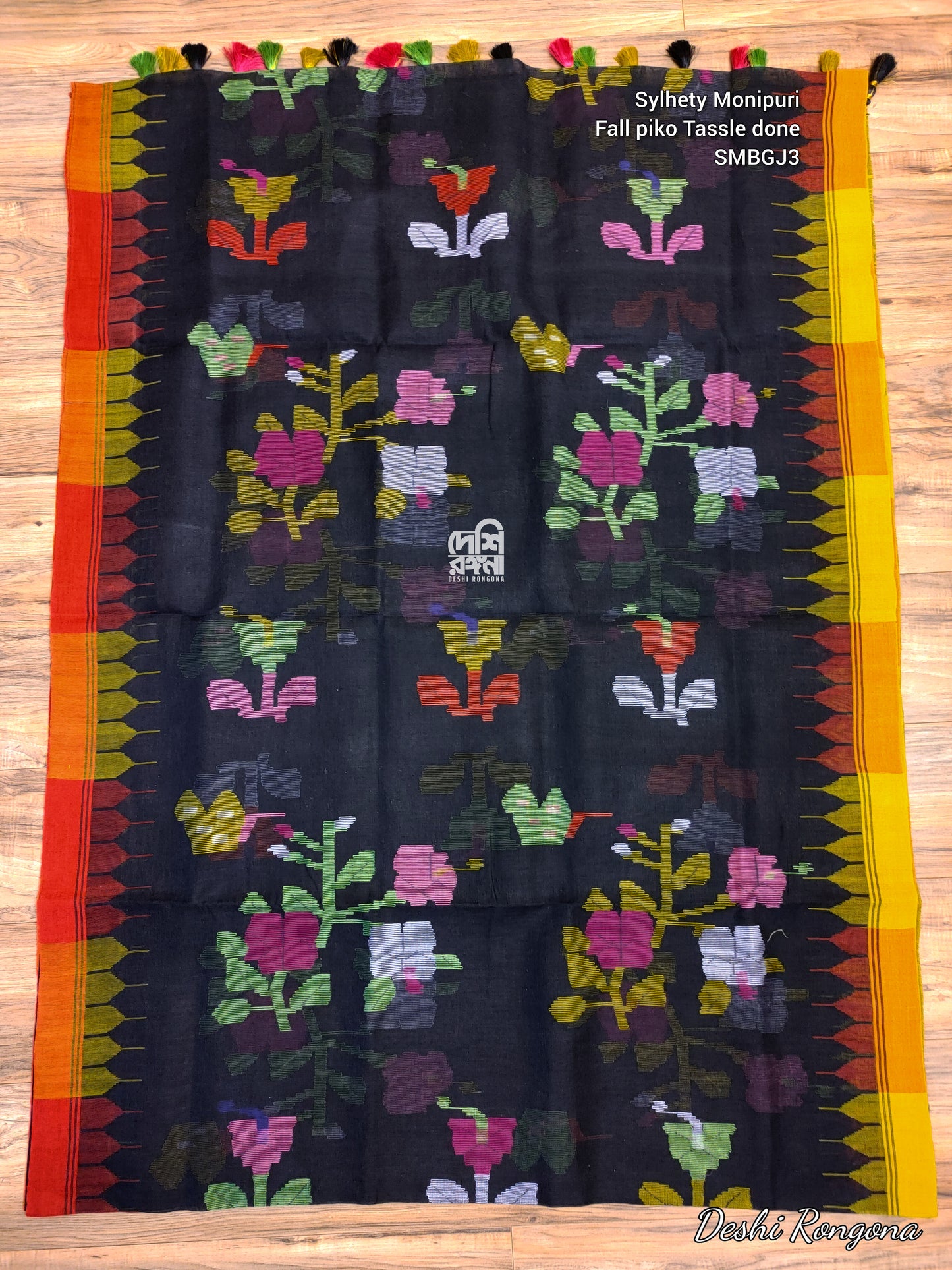 Monipuri Handwoven Cotton Saree, Black & Red-Yellow