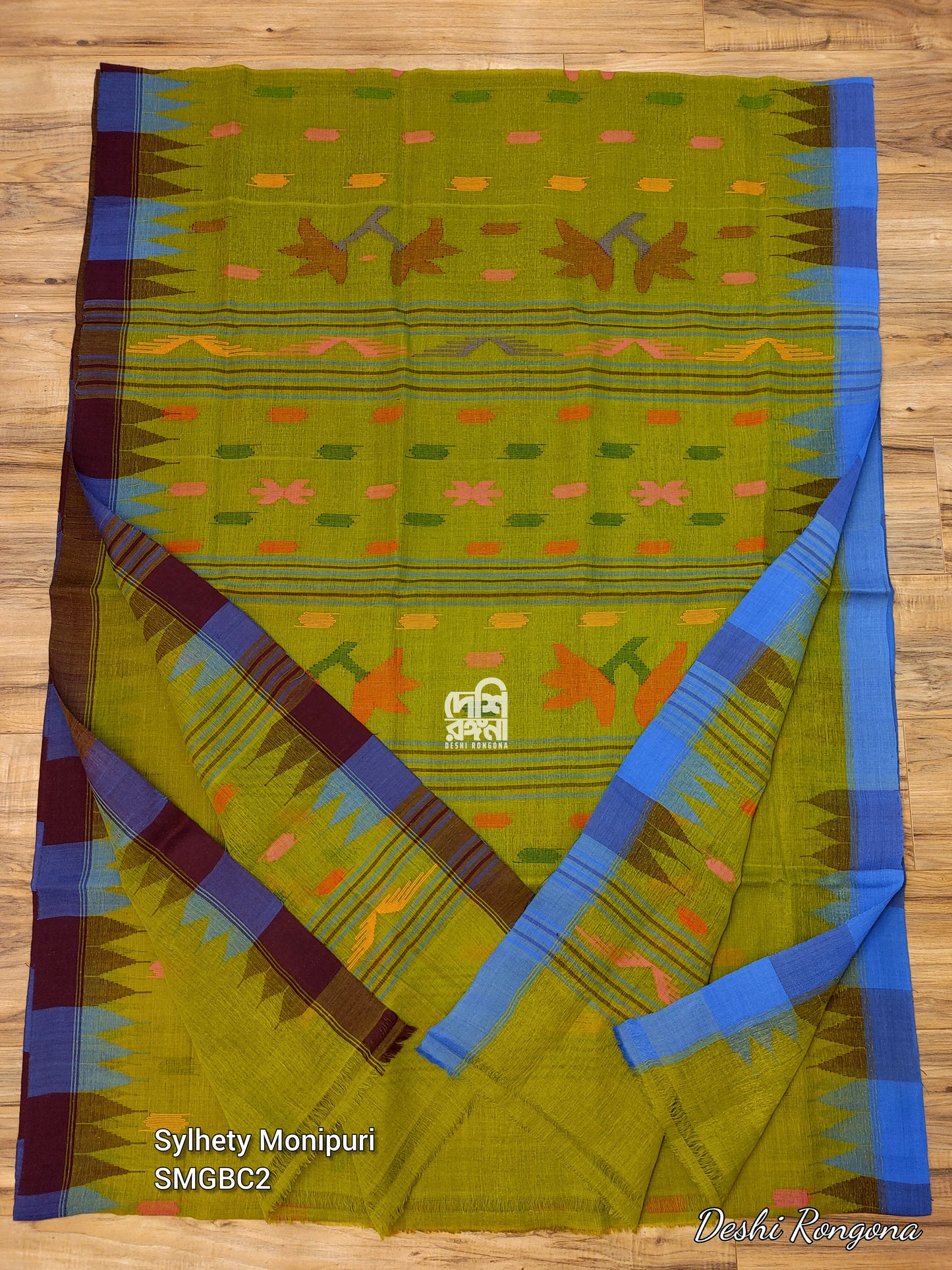 Sylheti Monipuri Handwoven Cotton Saree – Olive & Blue Coffee