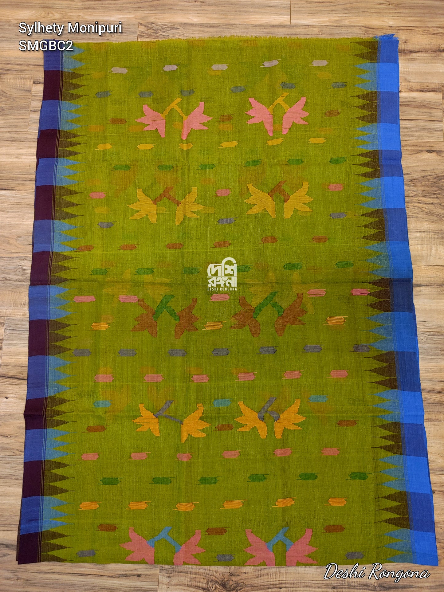 Sylheti Monipuri Handwoven Cotton Saree – Olive & Blue Coffee