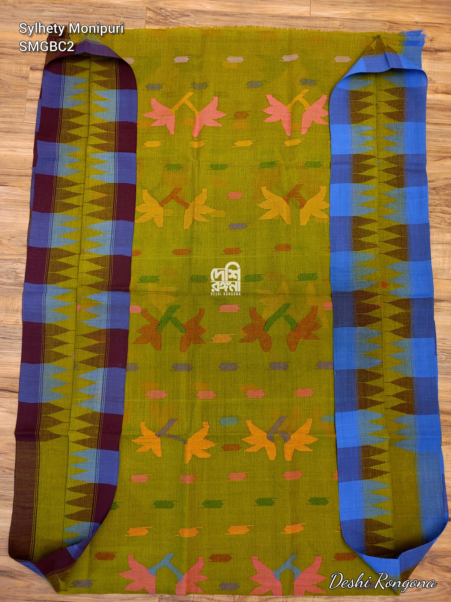 Sylheti Monipuri Handwoven Cotton Saree – Olive & Blue Coffee