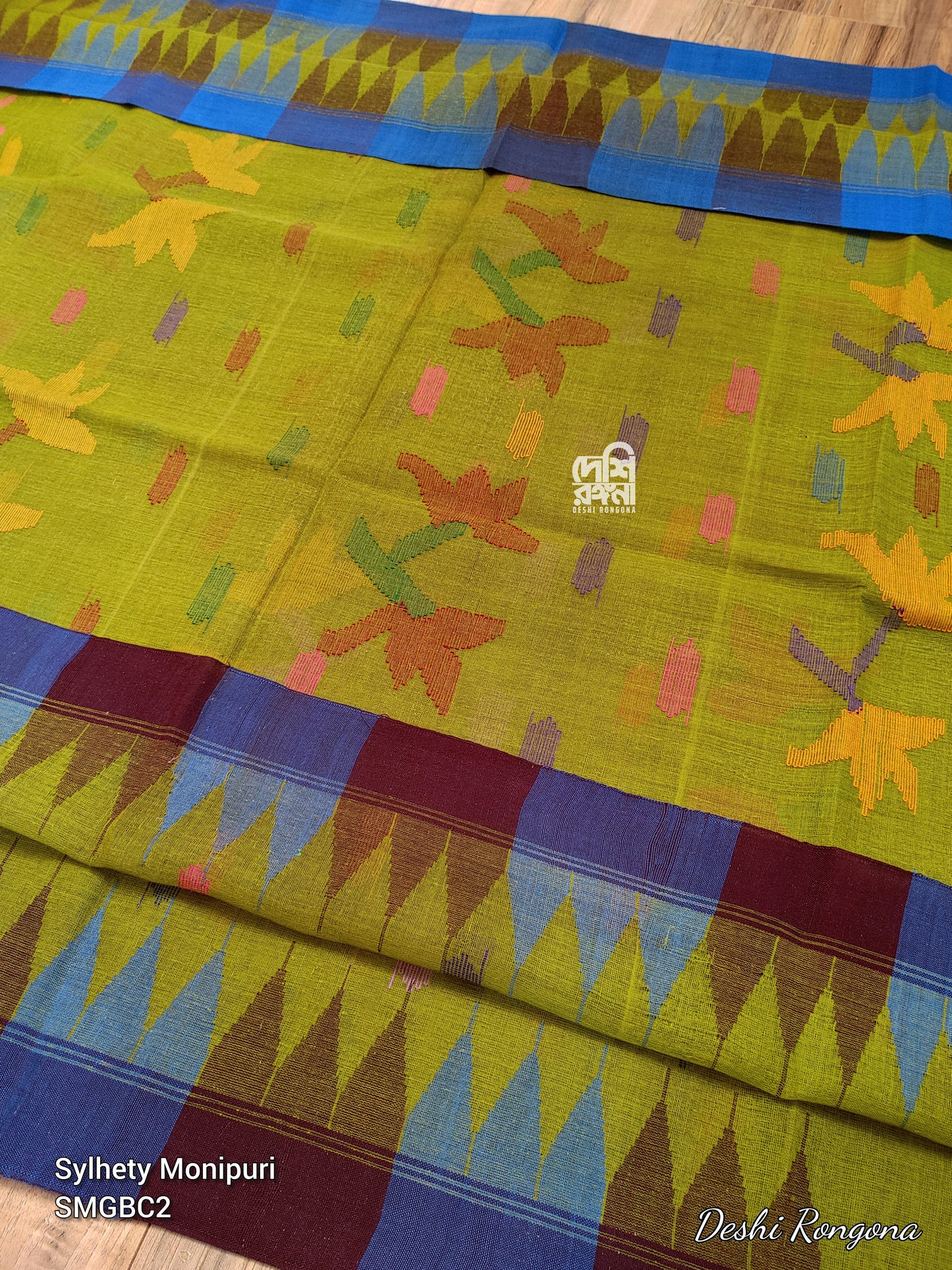 Sylheti Monipuri Handwoven Cotton Saree – Olive & Blue Coffee
