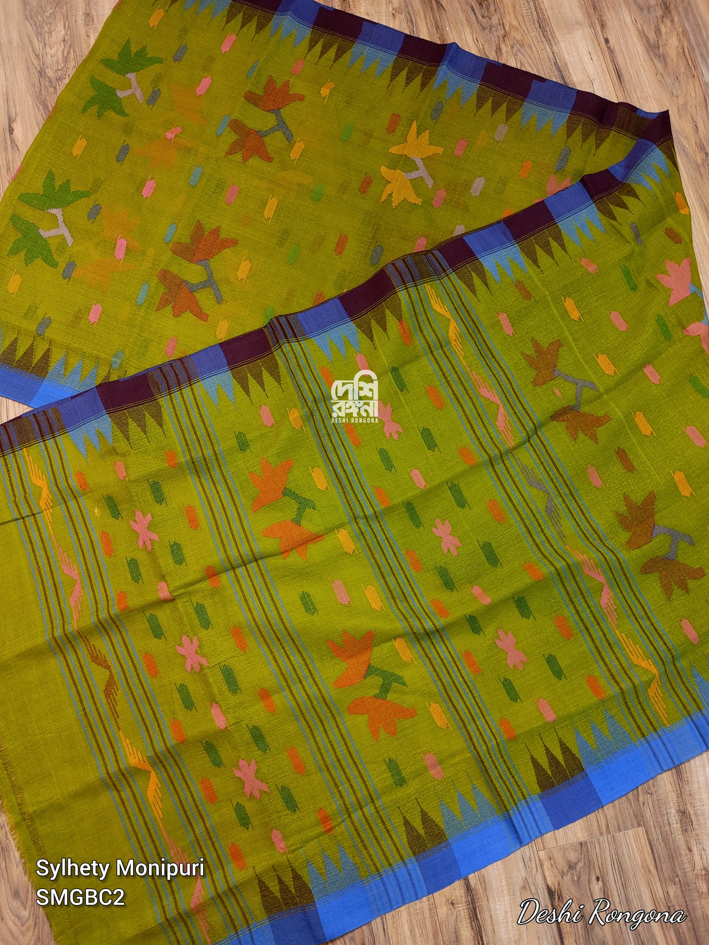 Sylheti Monipuri Handwoven Cotton Saree – Olive & Blue Coffee