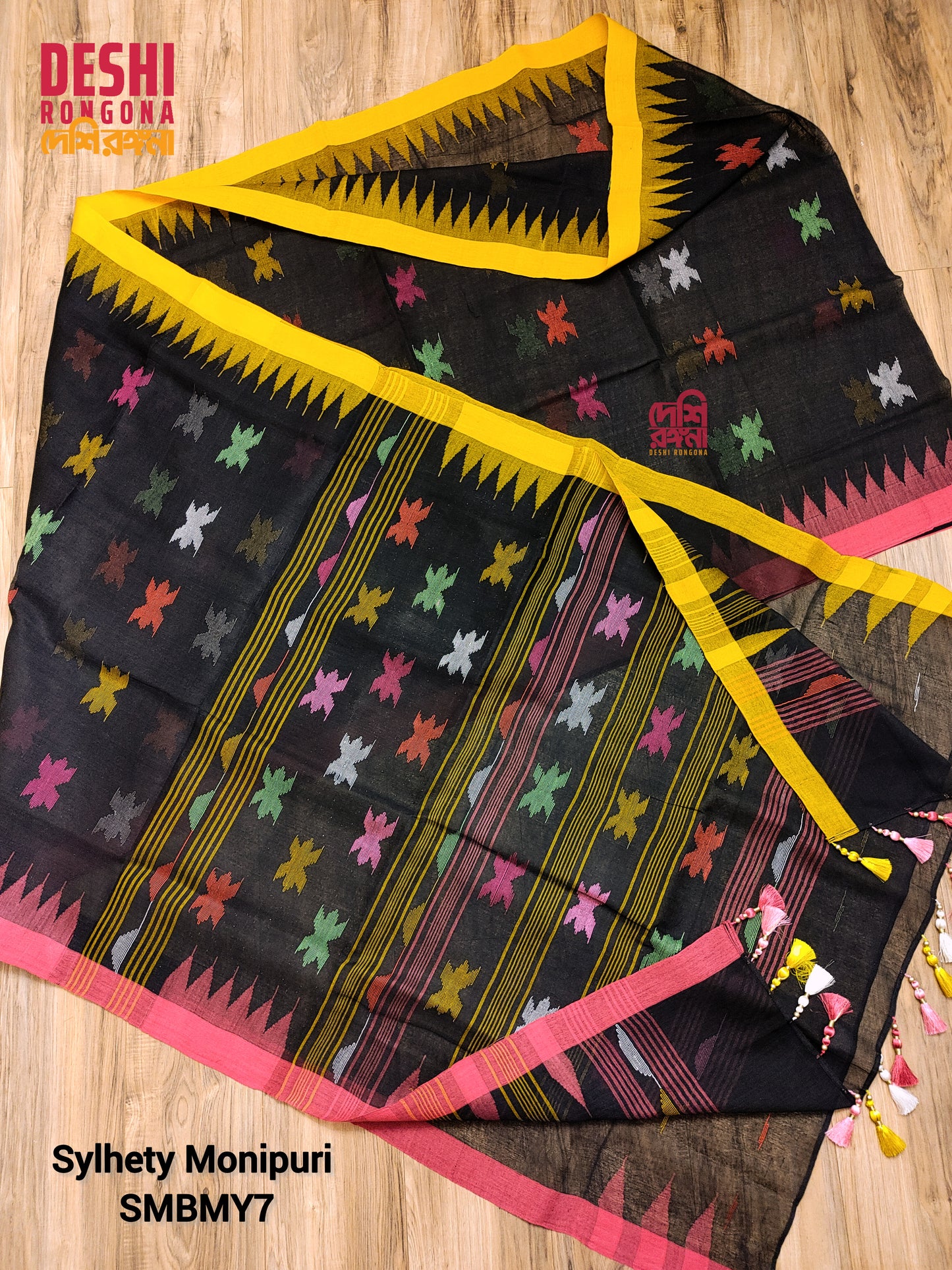 Black Sylheti Monipuri Handwoven Saree with Magenta Border