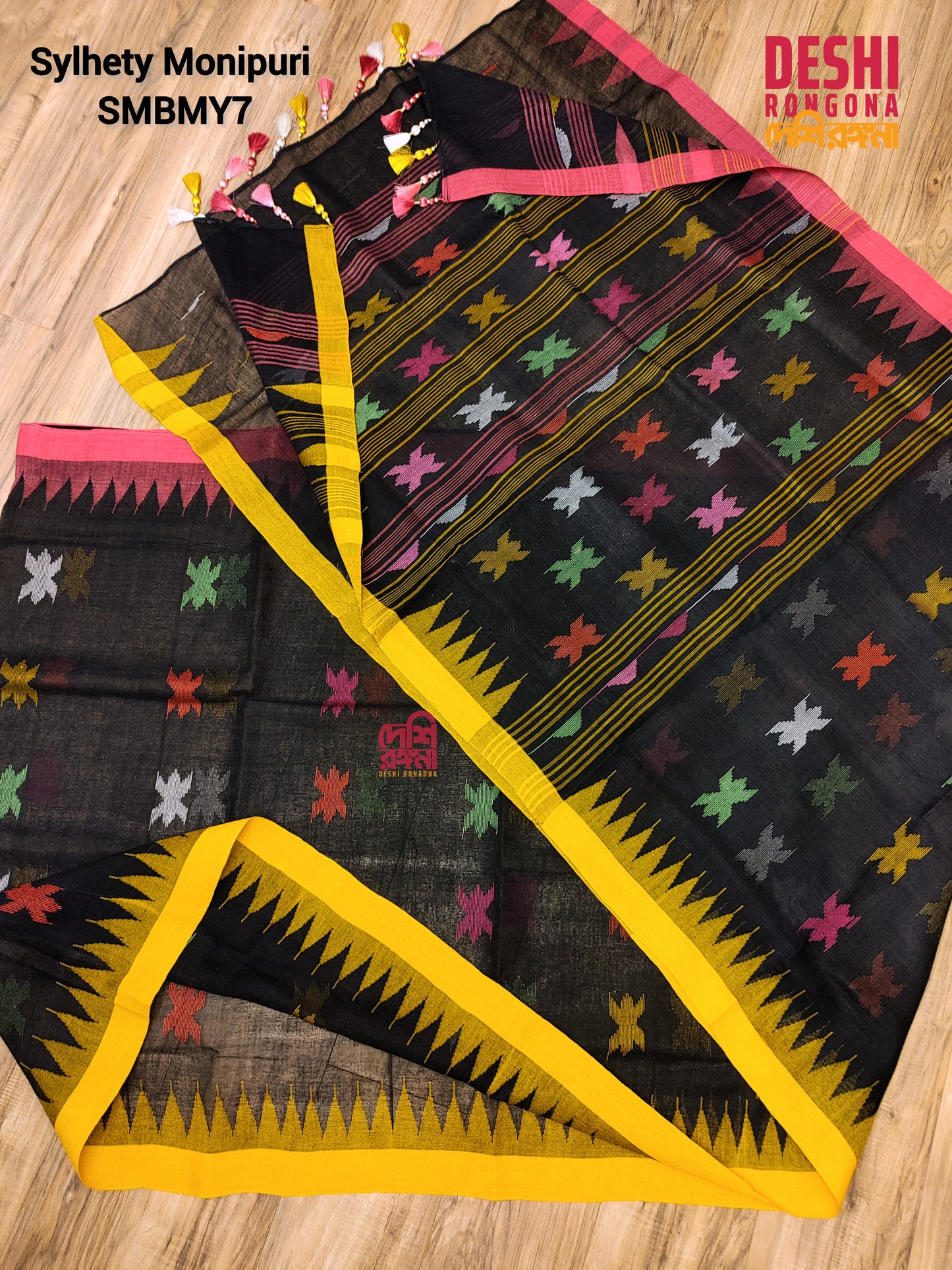 Black Sylheti Monipuri Handwoven Saree with Magenta Border