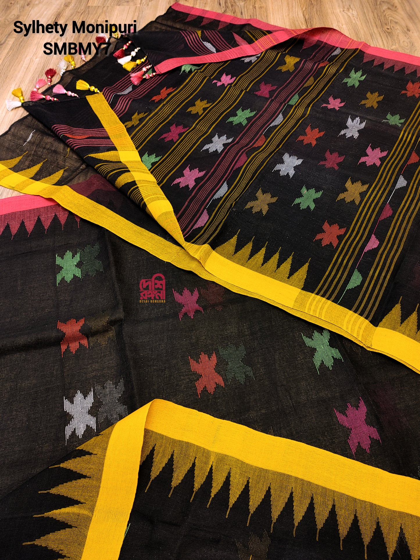 Black Sylheti Monipuri Handwoven Saree with Magenta Border
