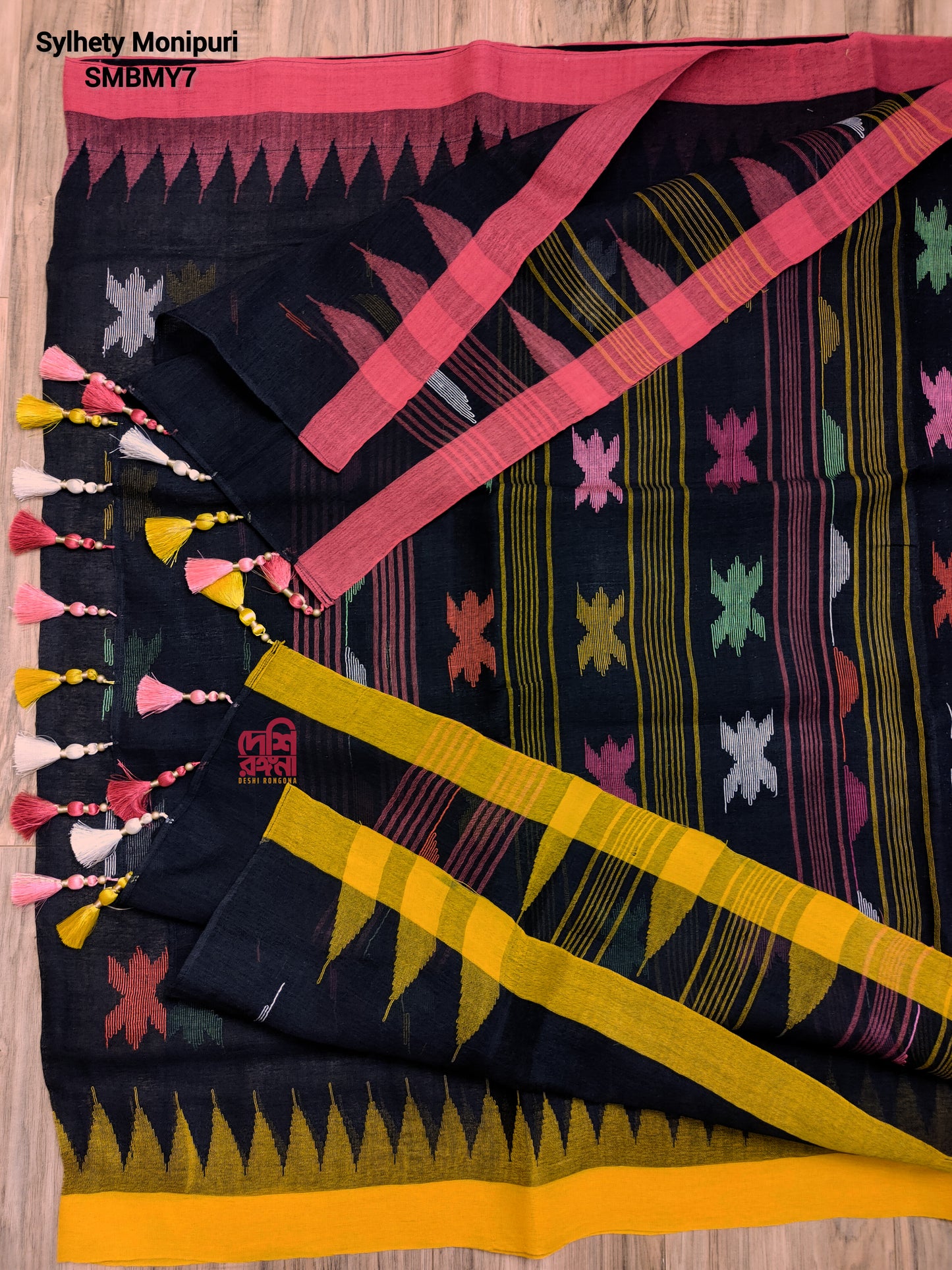Black Sylheti Monipuri Handwoven Saree with Magenta Border