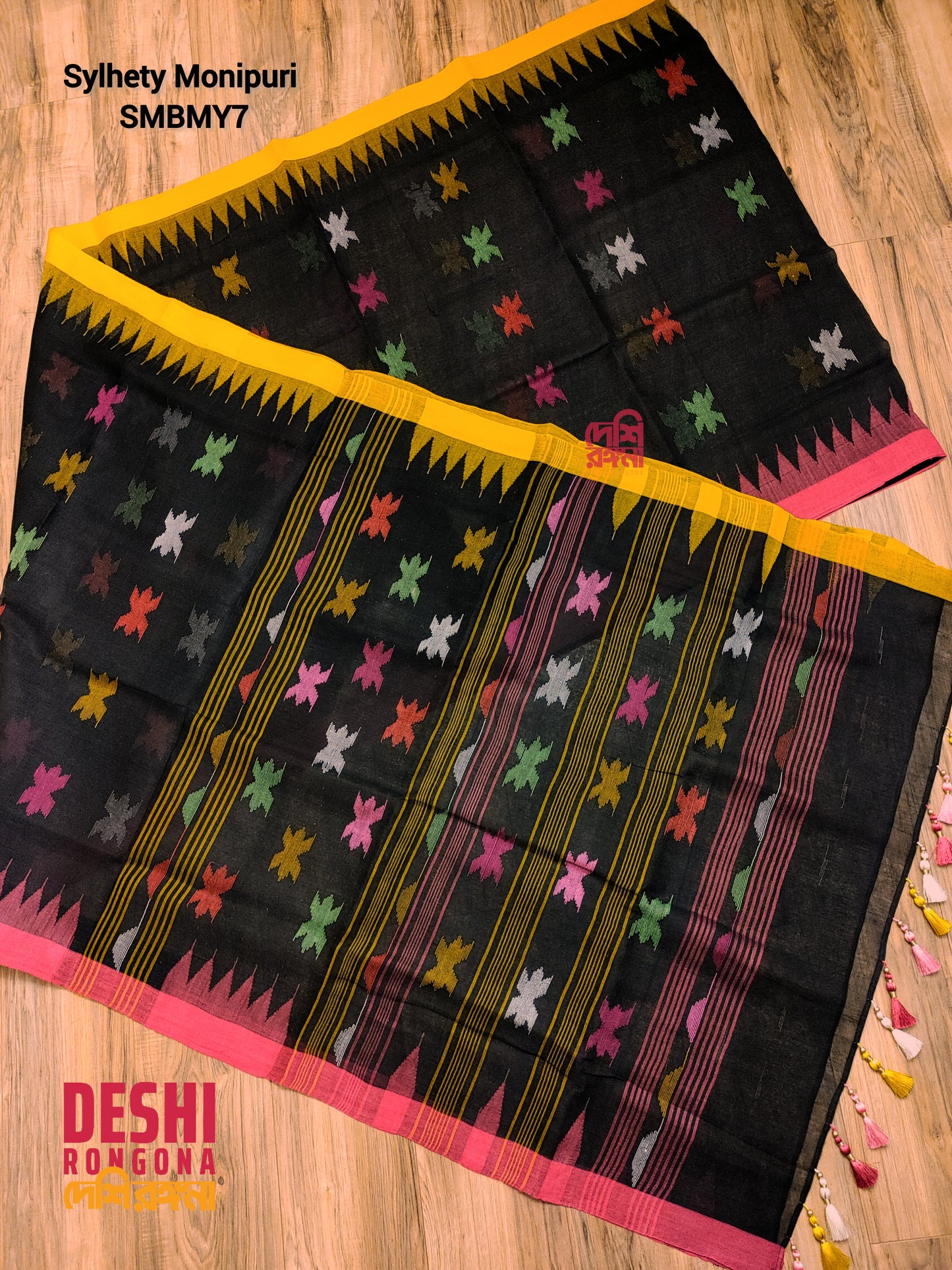 Black Sylheti Monipuri Handwoven Saree with Magenta Border