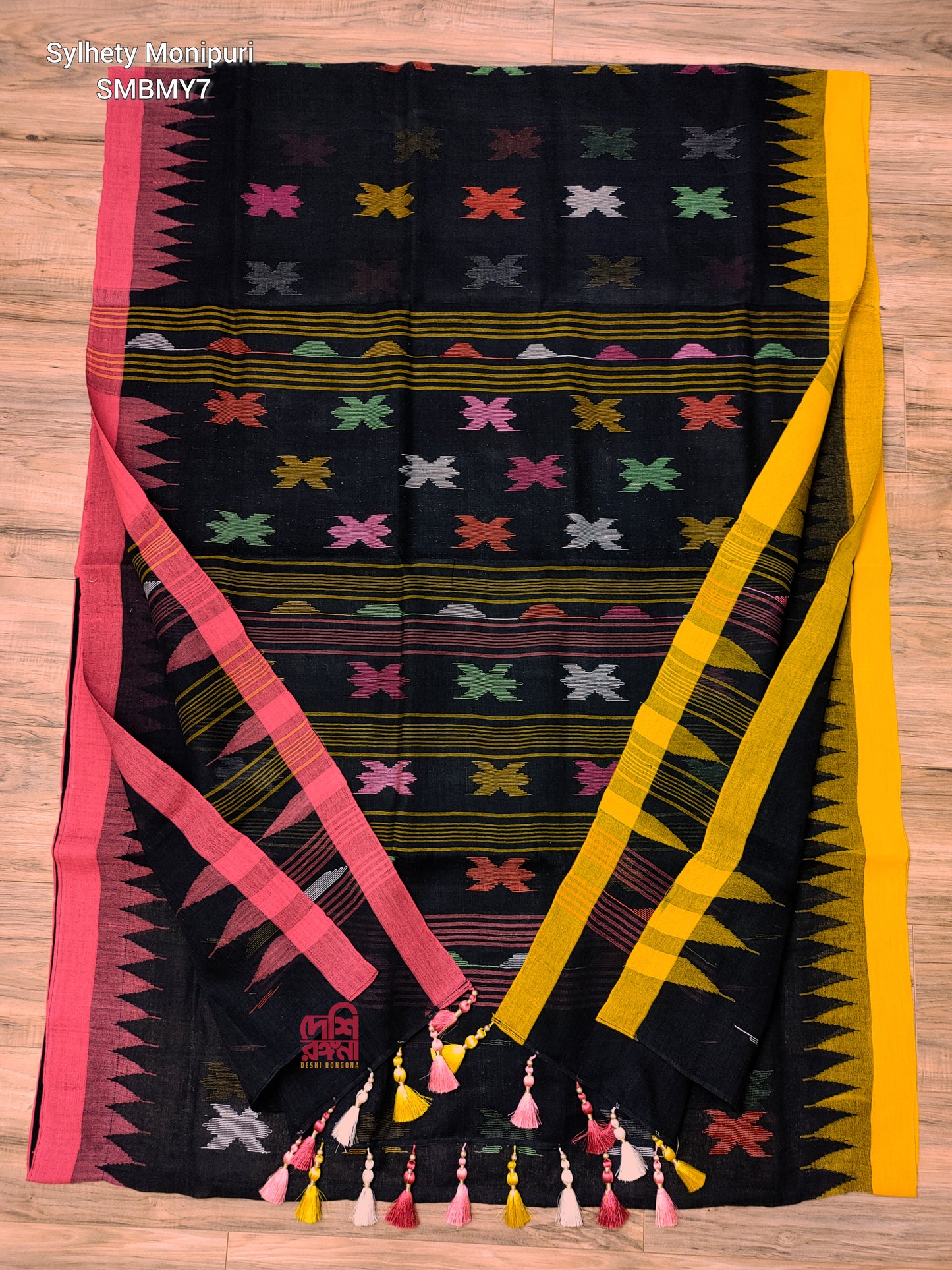 Black Sylheti Monipuri Handwoven Saree with Magenta Border