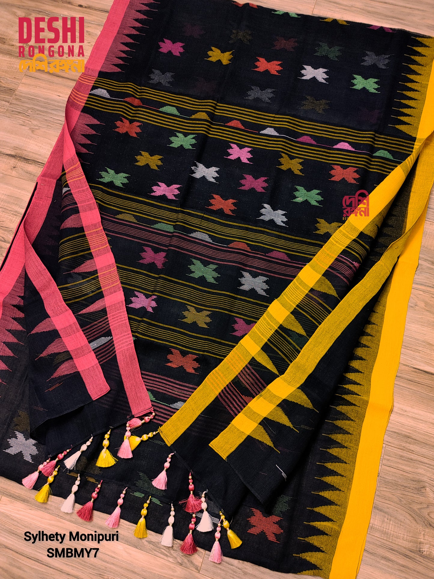 Black Sylheti Monipuri Handwoven Saree with Magenta Border