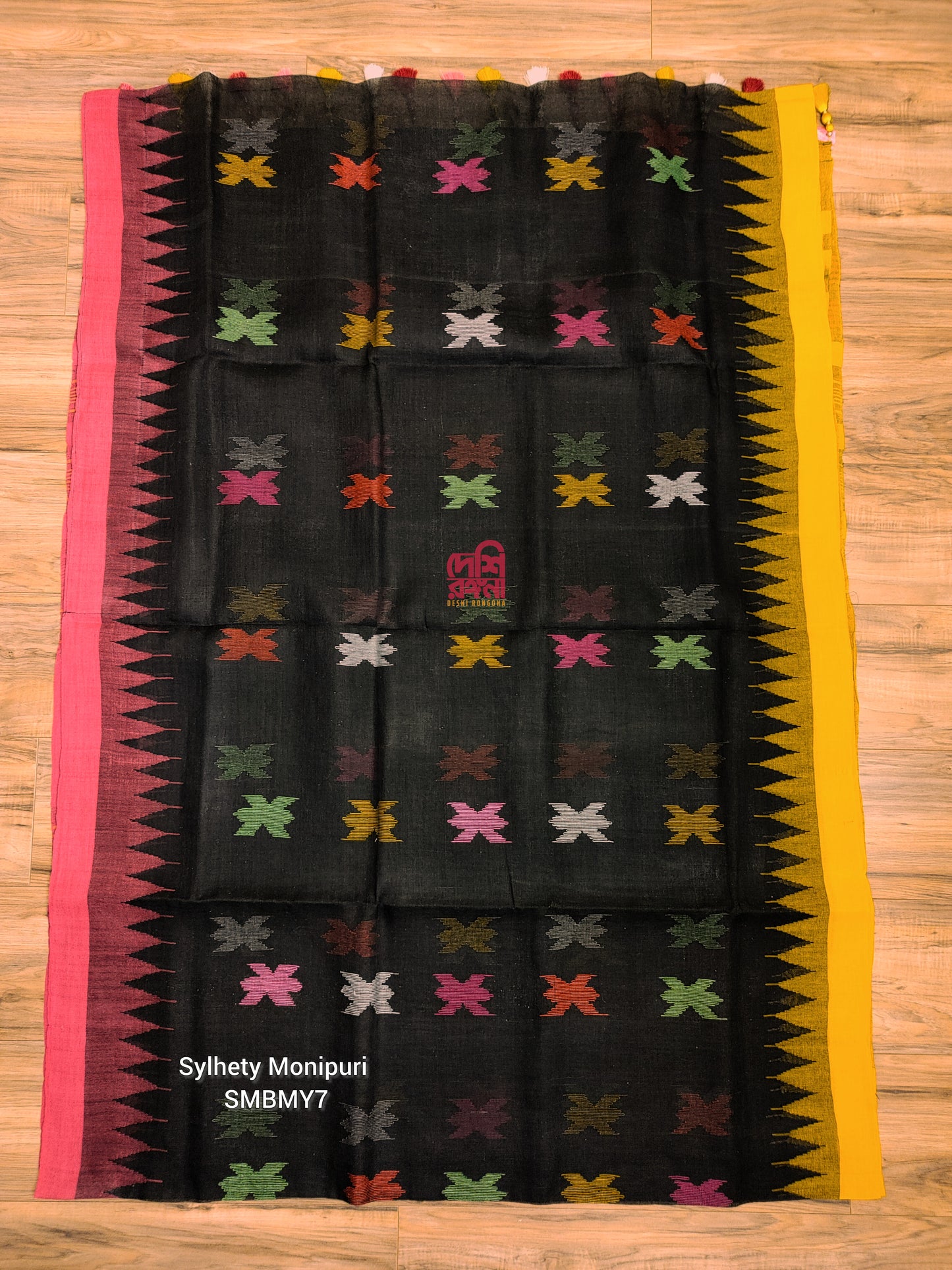 Black Sylheti Monipuri Handwoven Saree with Magenta Border