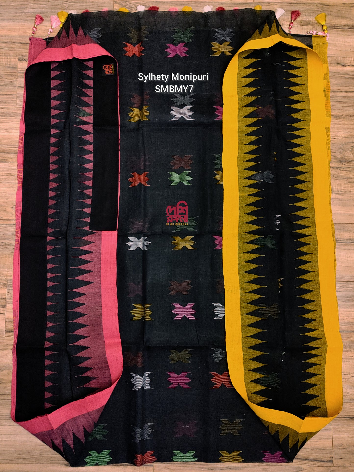 Black Sylheti Monipuri Handwoven Saree with Magenta Border