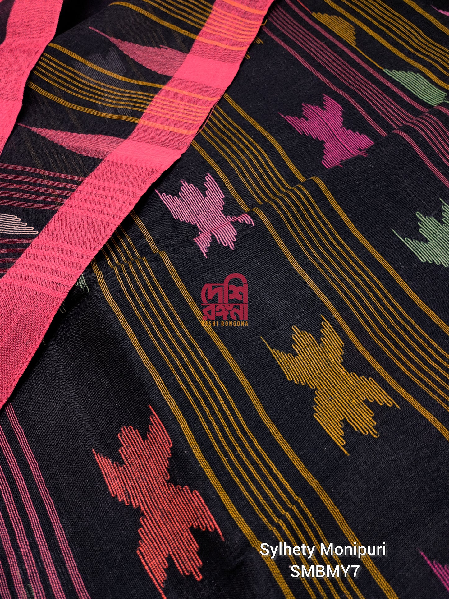 Black Sylheti Monipuri Handwoven Saree with Magenta Border