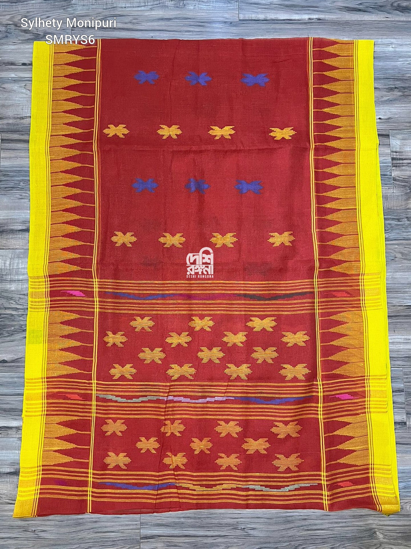 Fire Red Sylheti Monipuri Handwoven Cotton Saree with Border