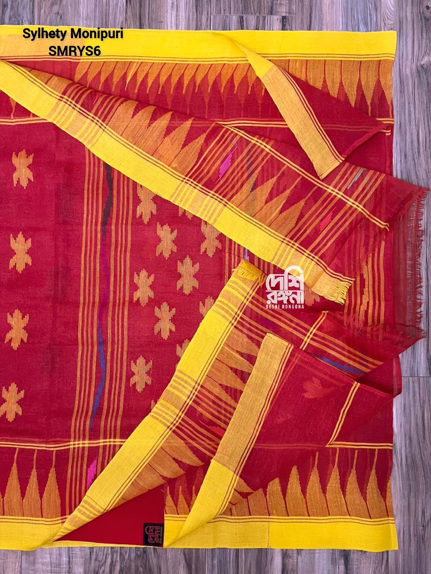 Fire Red Sylheti Monipuri Handwoven Cotton Saree with Border