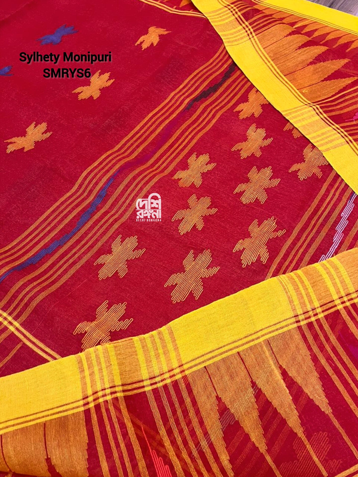 Fire Red Sylheti Monipuri Handwoven Cotton Saree with Border