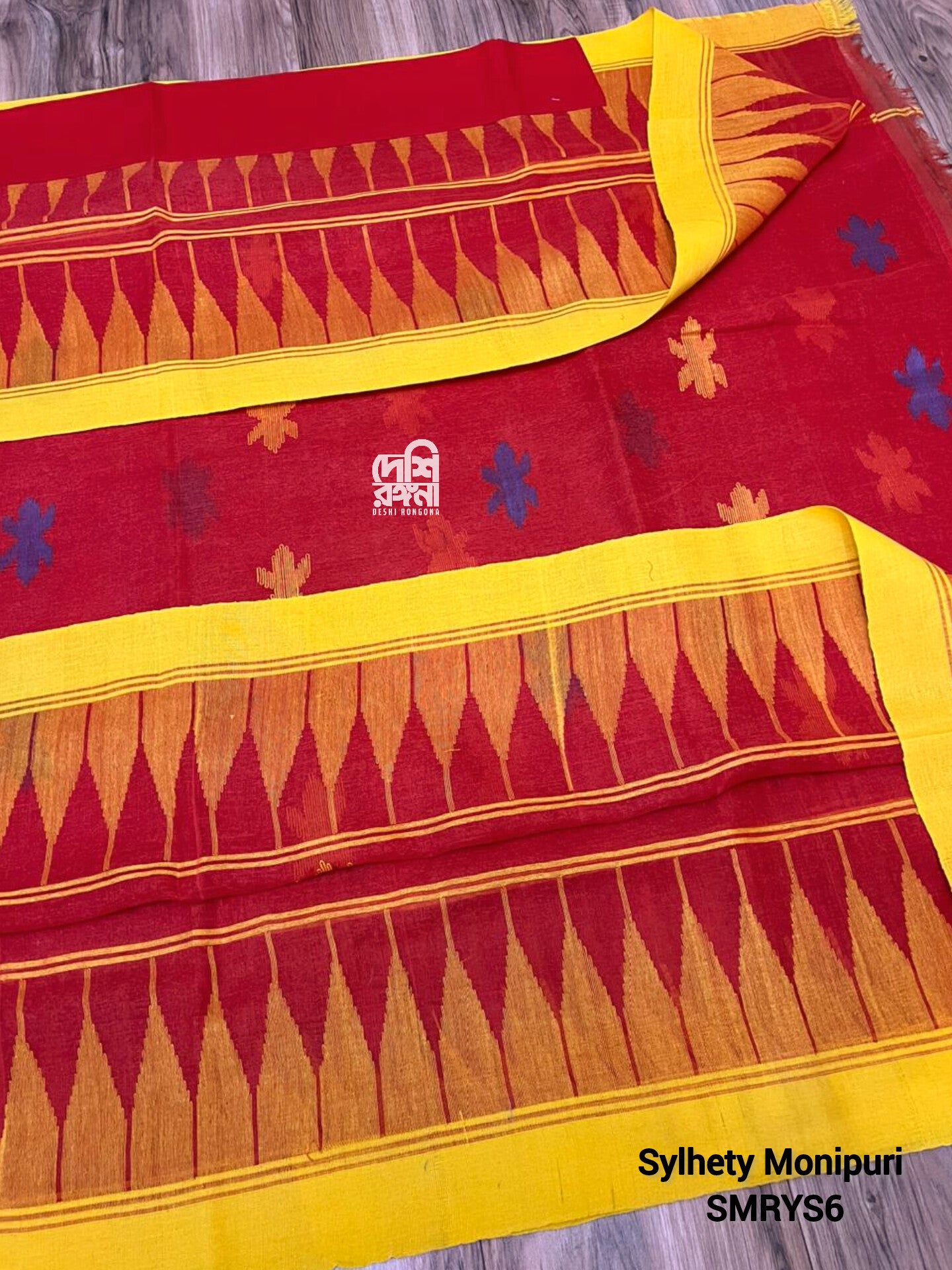 Fire Red Sylheti Monipuri Handwoven Cotton Saree with Border