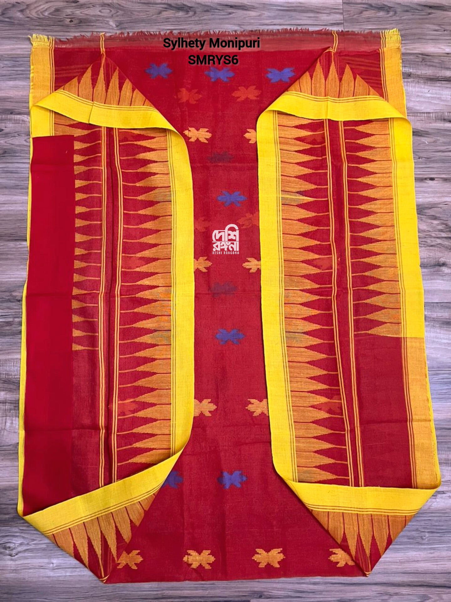 Fire Red Sylheti Monipuri Handwoven Cotton Saree with Border