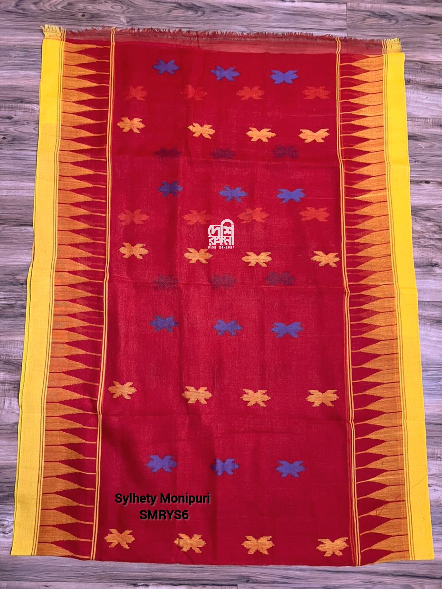 Fire Red Sylheti Monipuri Handwoven Cotton Saree with Border