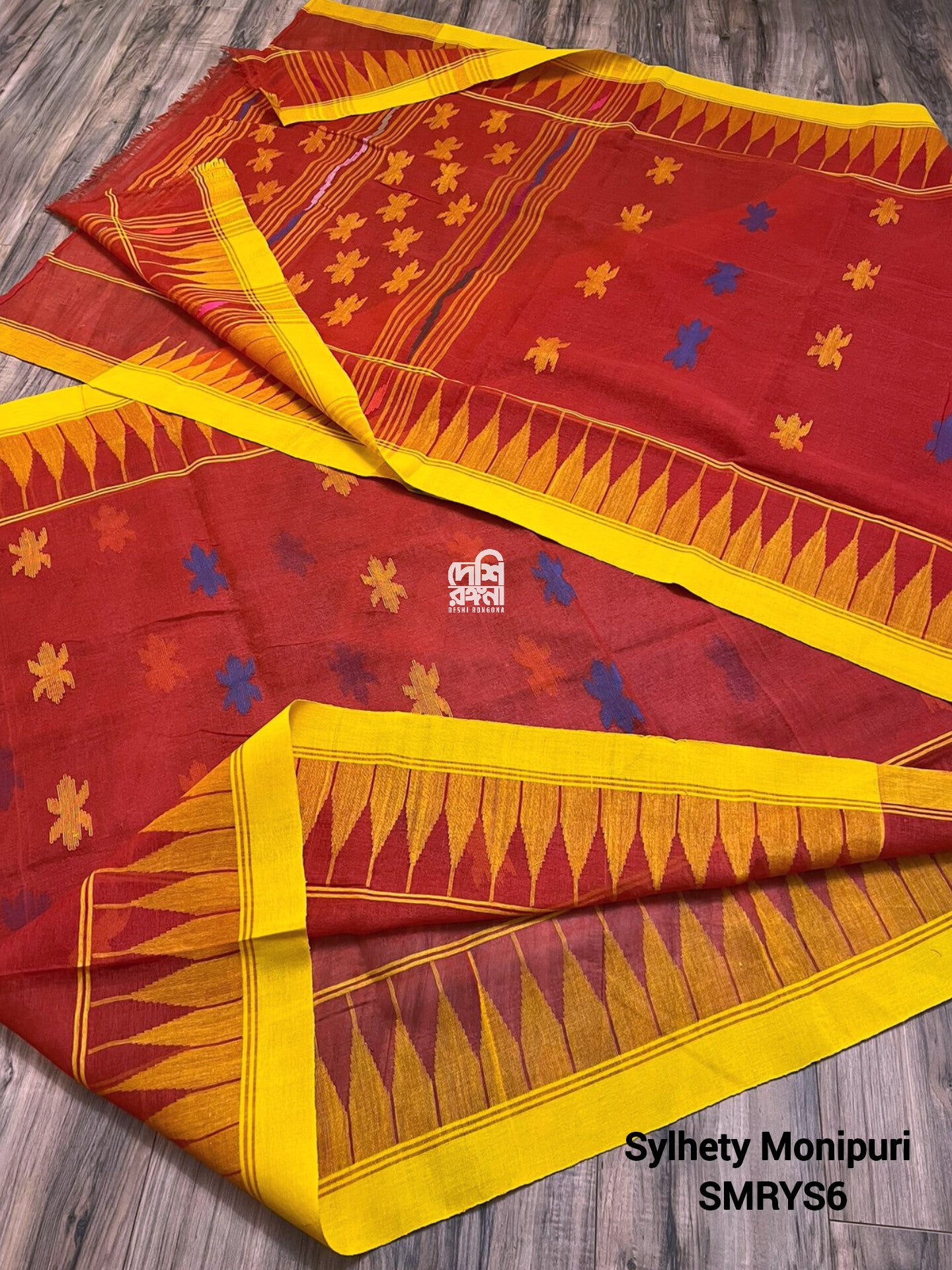 Fire Red Sylheti Monipuri Handwoven Cotton Saree with Border
