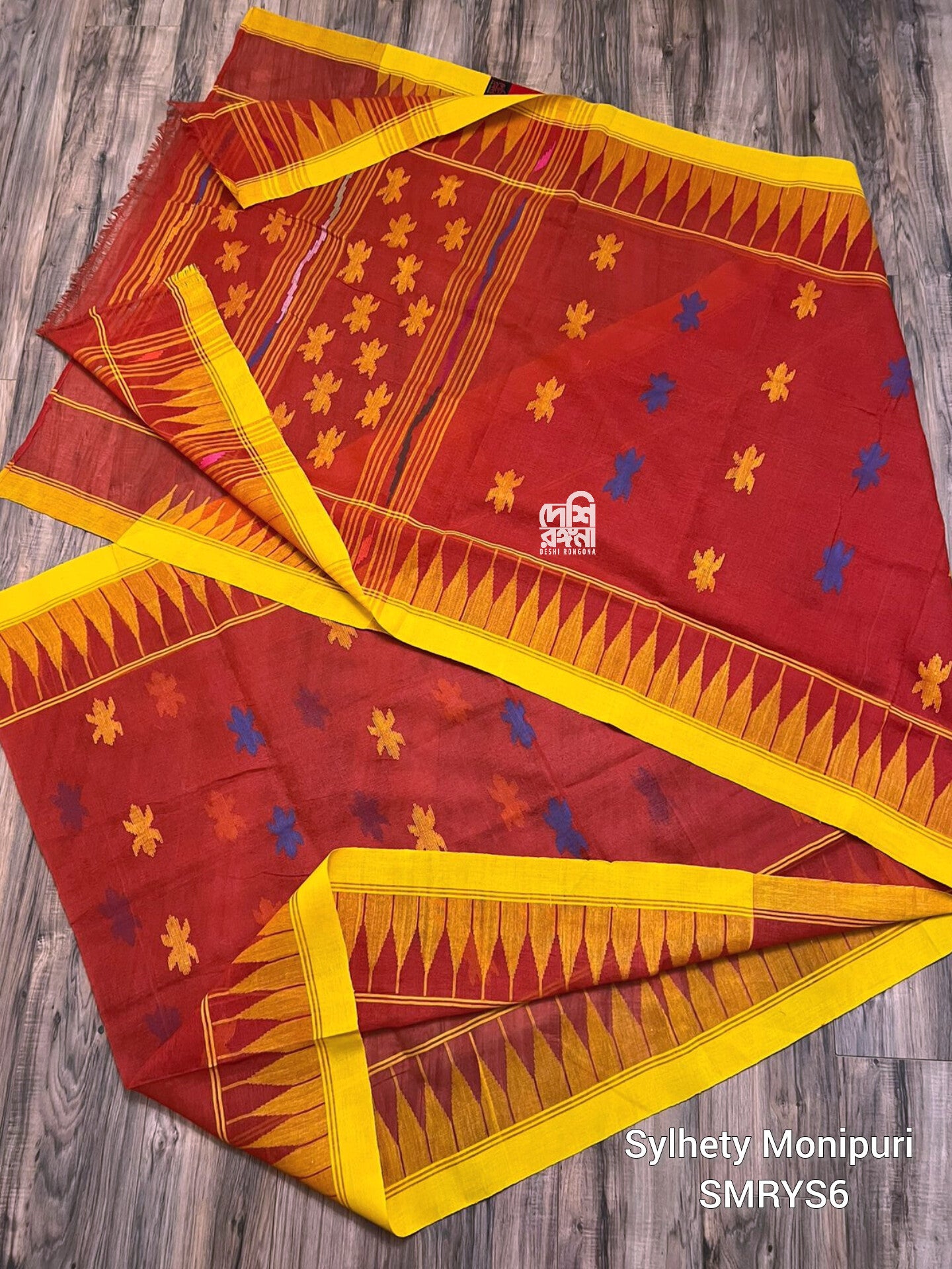 Fire Red Sylheti Monipuri Handwoven Cotton Saree with Border