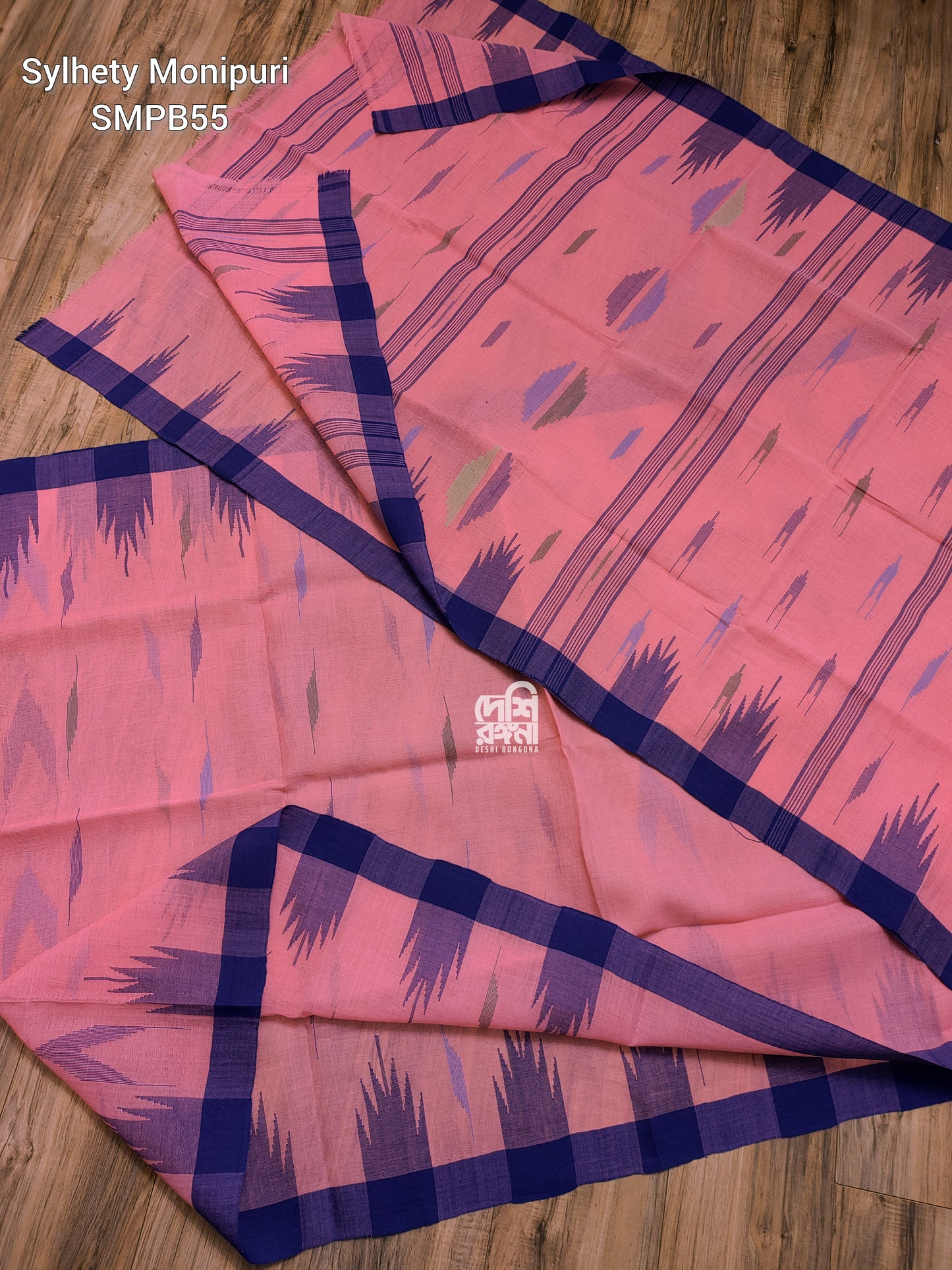 Flamingo Pink Monipuri Handwoven Cotton Saree with Temple Border