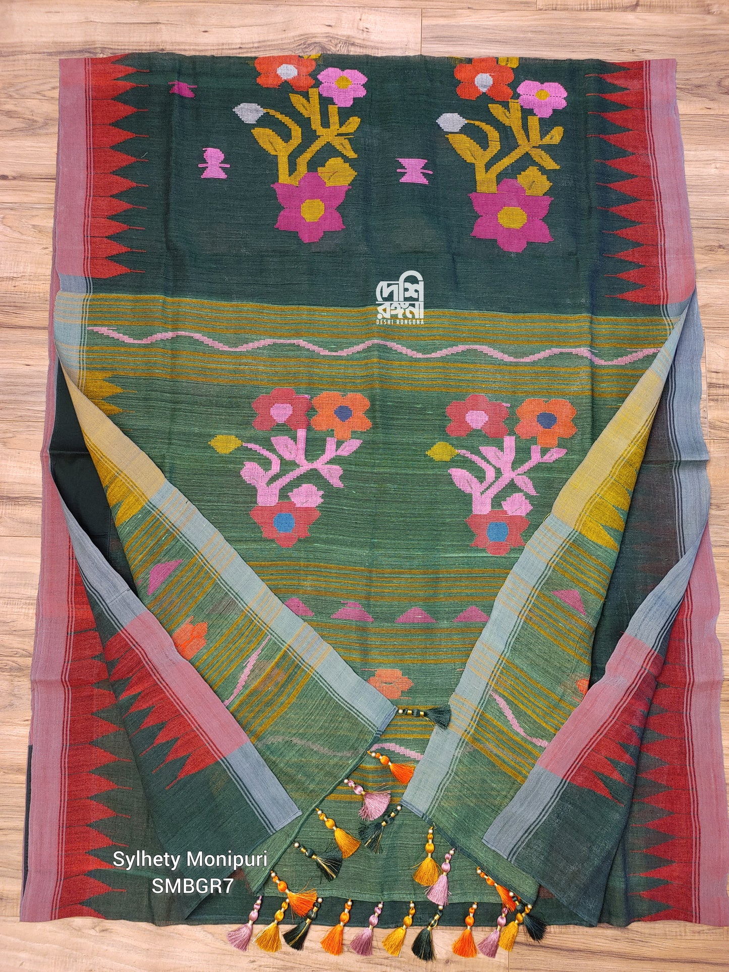 Sylheti Monipuri Handwoven Cotton Saree – Bottle Green & Red