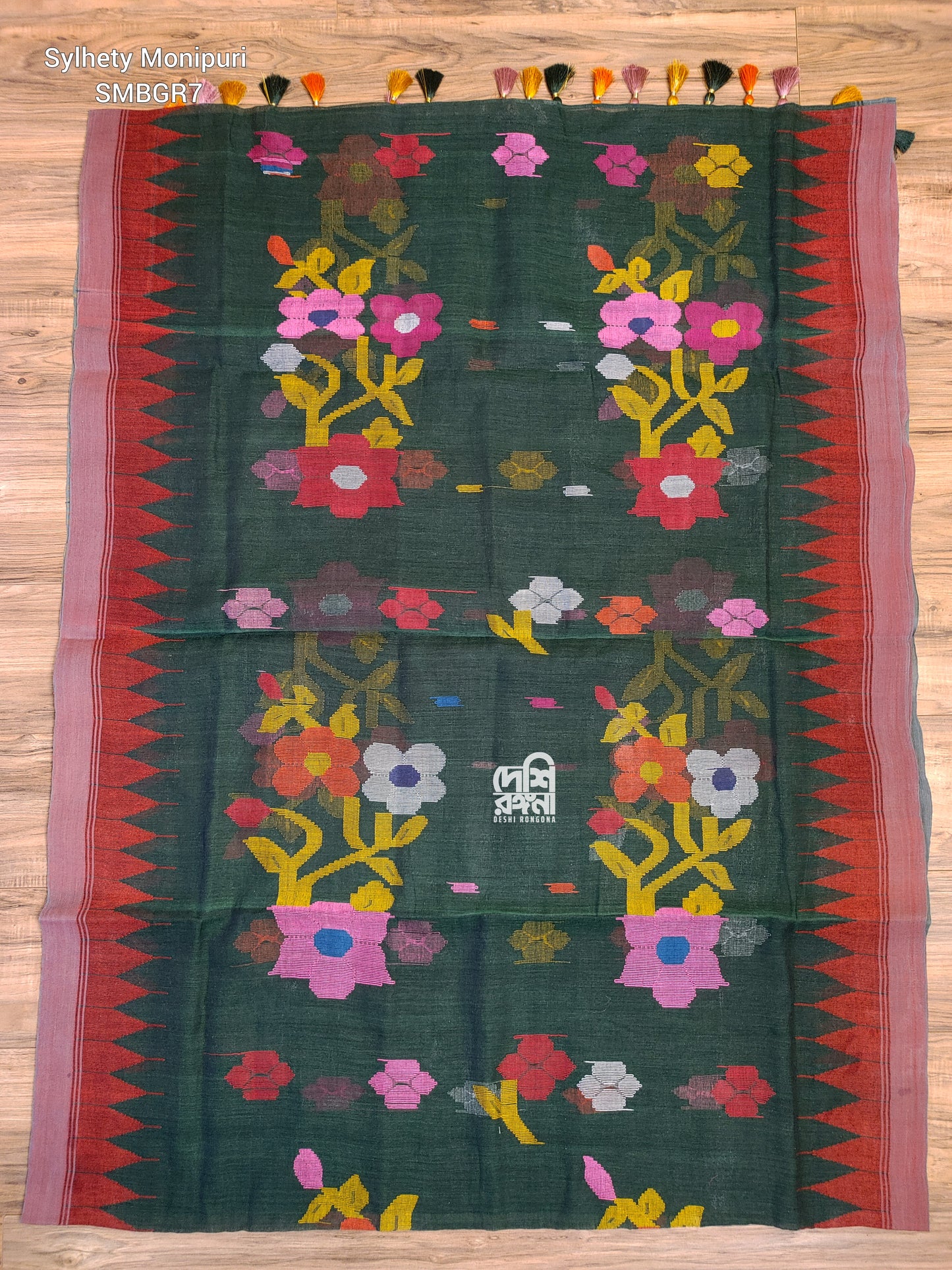 Sylheti Monipuri Handwoven Cotton Saree – Bottle Green & Red