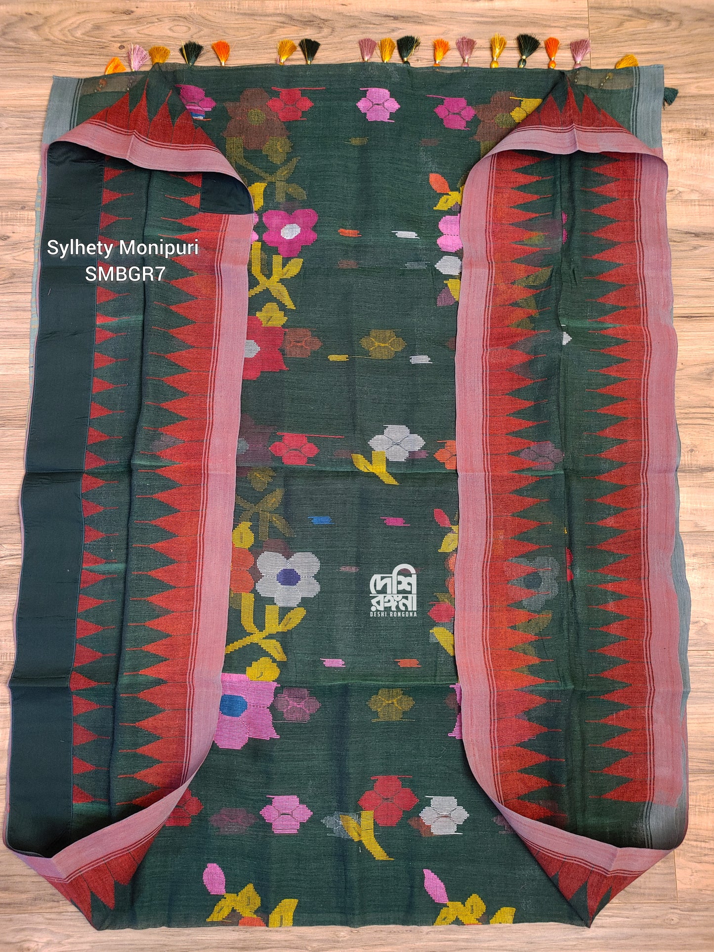 Sylheti Monipuri Handwoven Cotton Saree – Bottle Green & Red