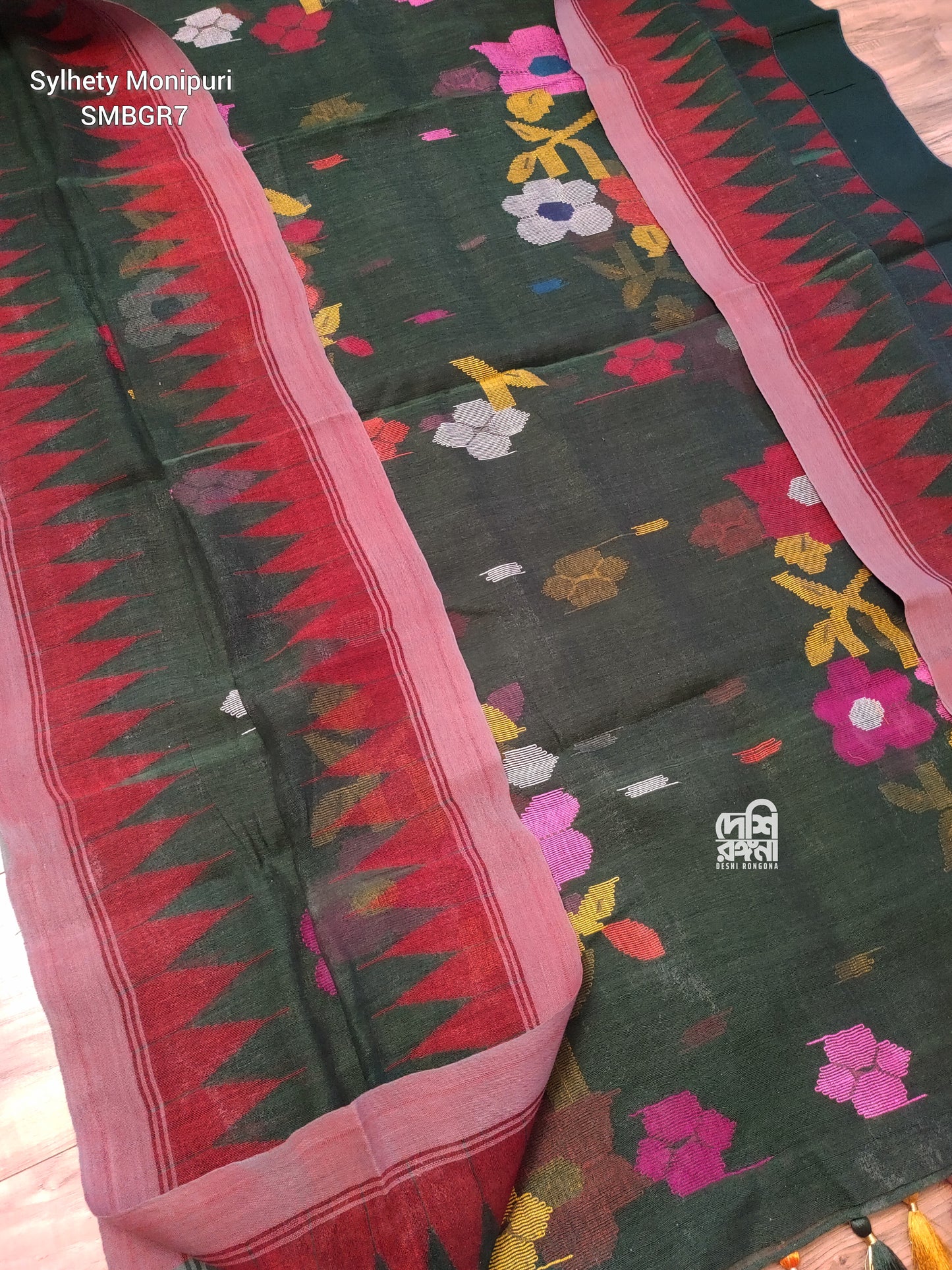 Sylheti Monipuri Handwoven Cotton Saree – Bottle Green & Red