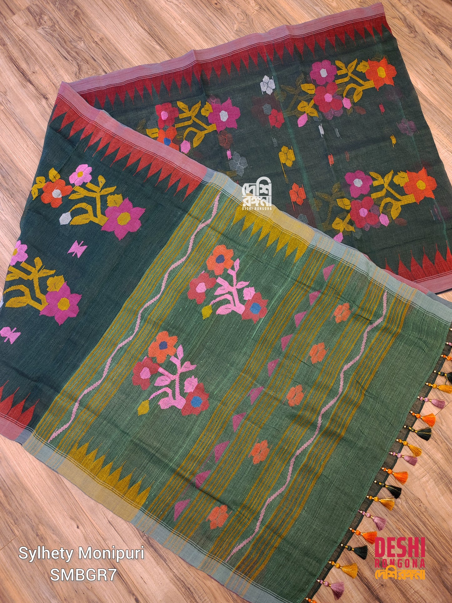 Sylheti Monipuri Handwoven Cotton Saree – Bottle Green & Red