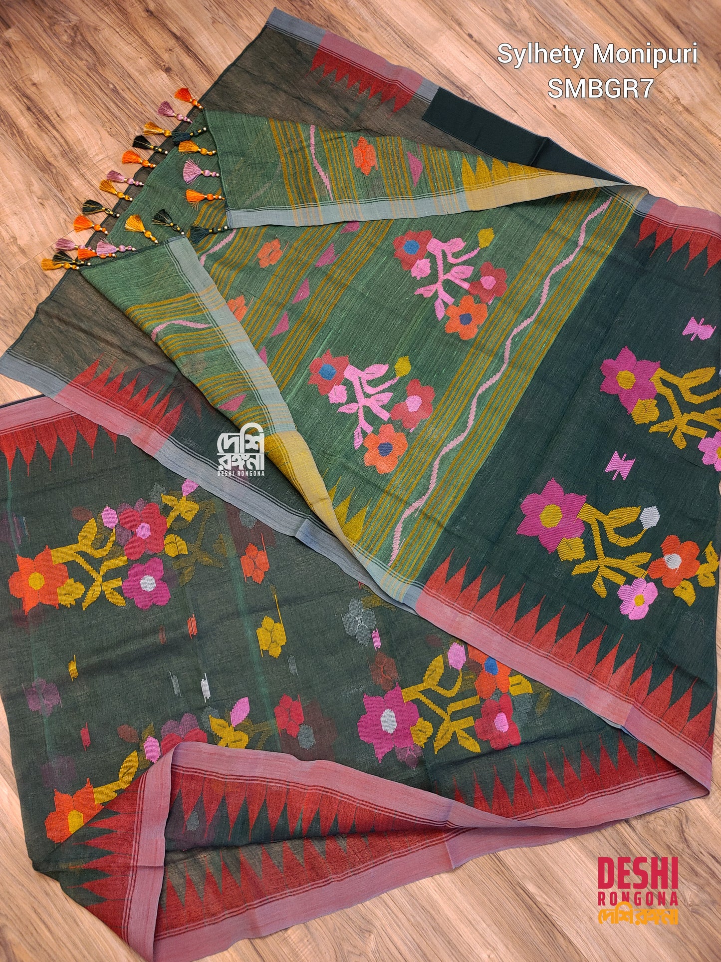 Sylheti Monipuri Handwoven Cotton Saree – Bottle Green & Red
