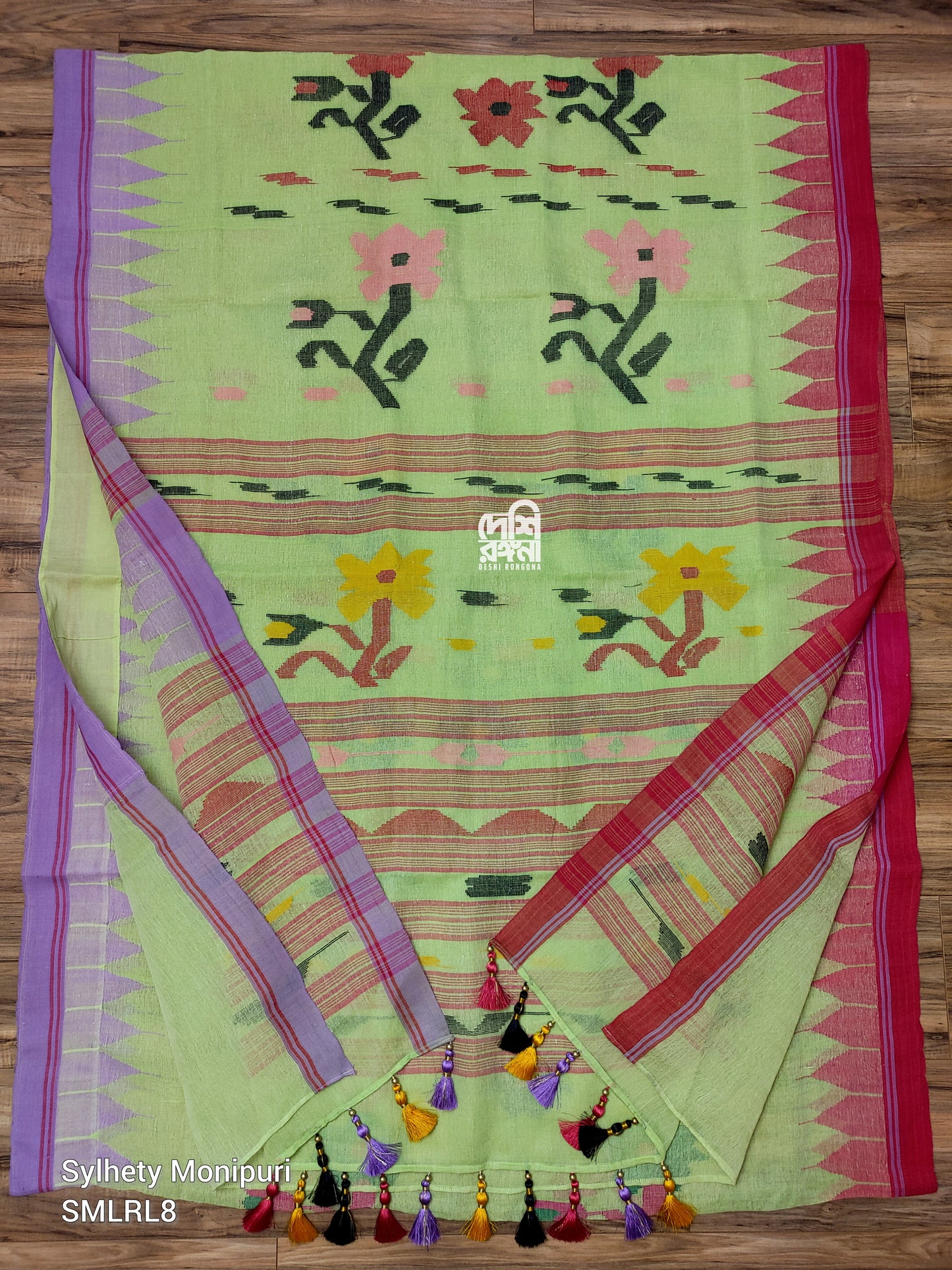 Sylheti Monipuri Handwoven Cotton Saree – Key Lime & Lavender