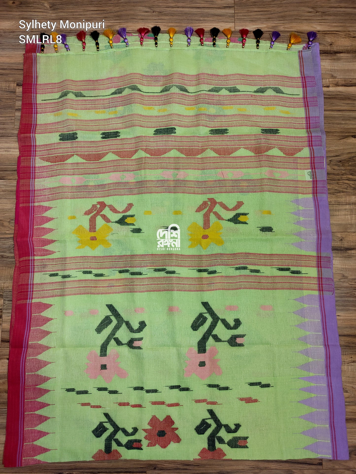 Sylheti Monipuri Handwoven Cotton Saree – Key Lime & Lavender