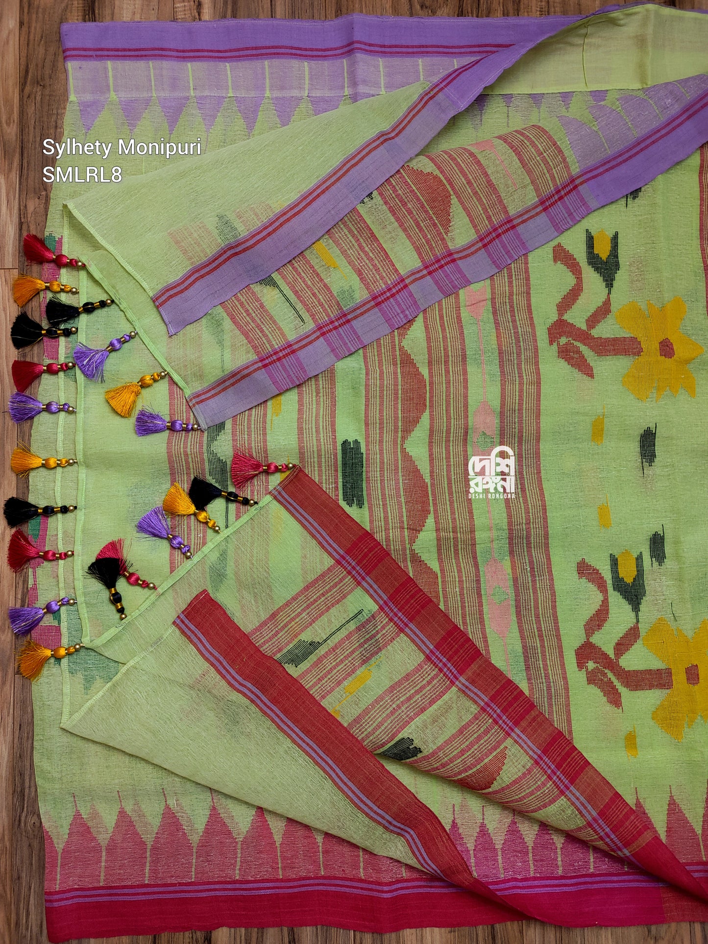 Sylheti Monipuri Handwoven Cotton Saree – Key Lime & Lavender