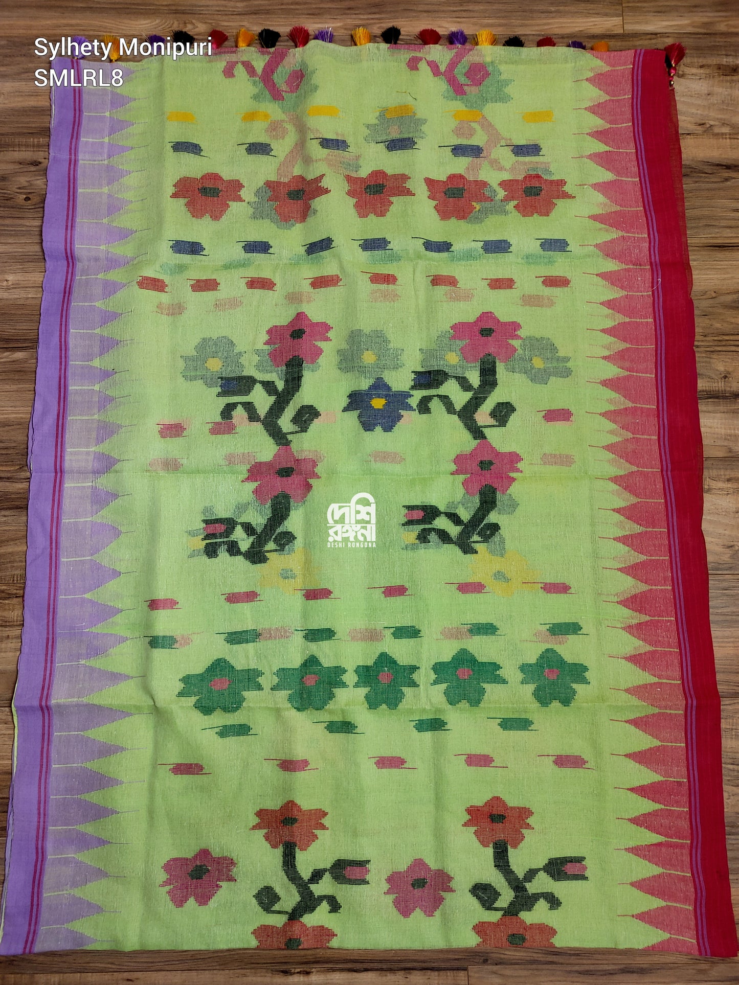 Sylheti Monipuri Handwoven Cotton Saree – Key Lime & Lavender