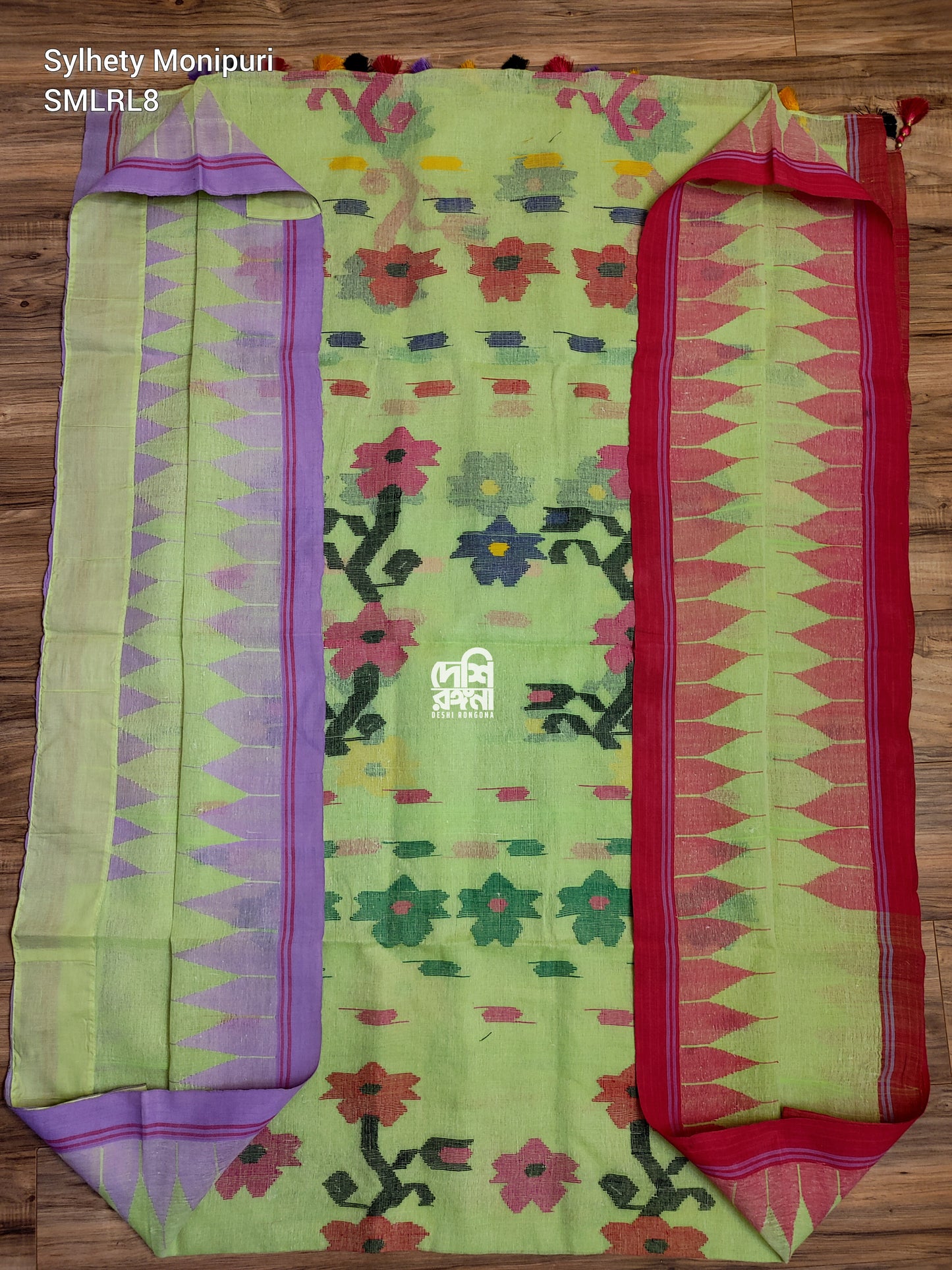Sylheti Monipuri Handwoven Cotton Saree – Key Lime & Lavender