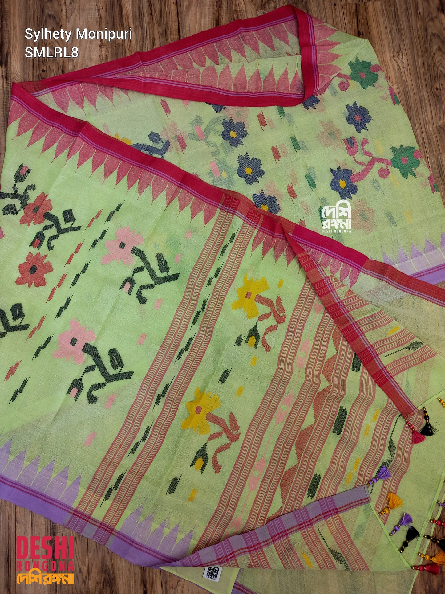 Sylheti Monipuri Handwoven Cotton Saree – Key Lime & Lavender