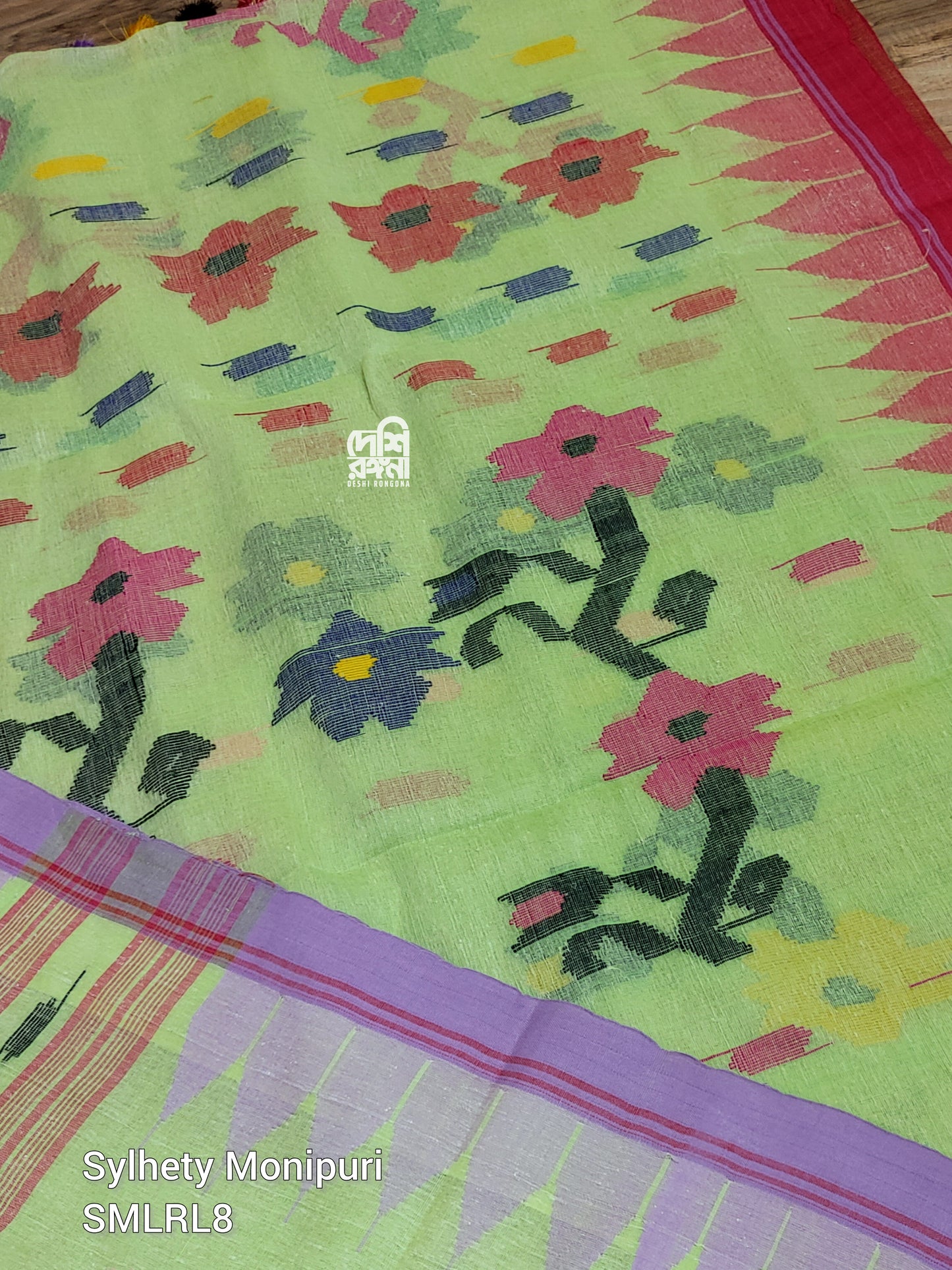Sylheti Monipuri Handwoven Cotton Saree – Key Lime & Lavender