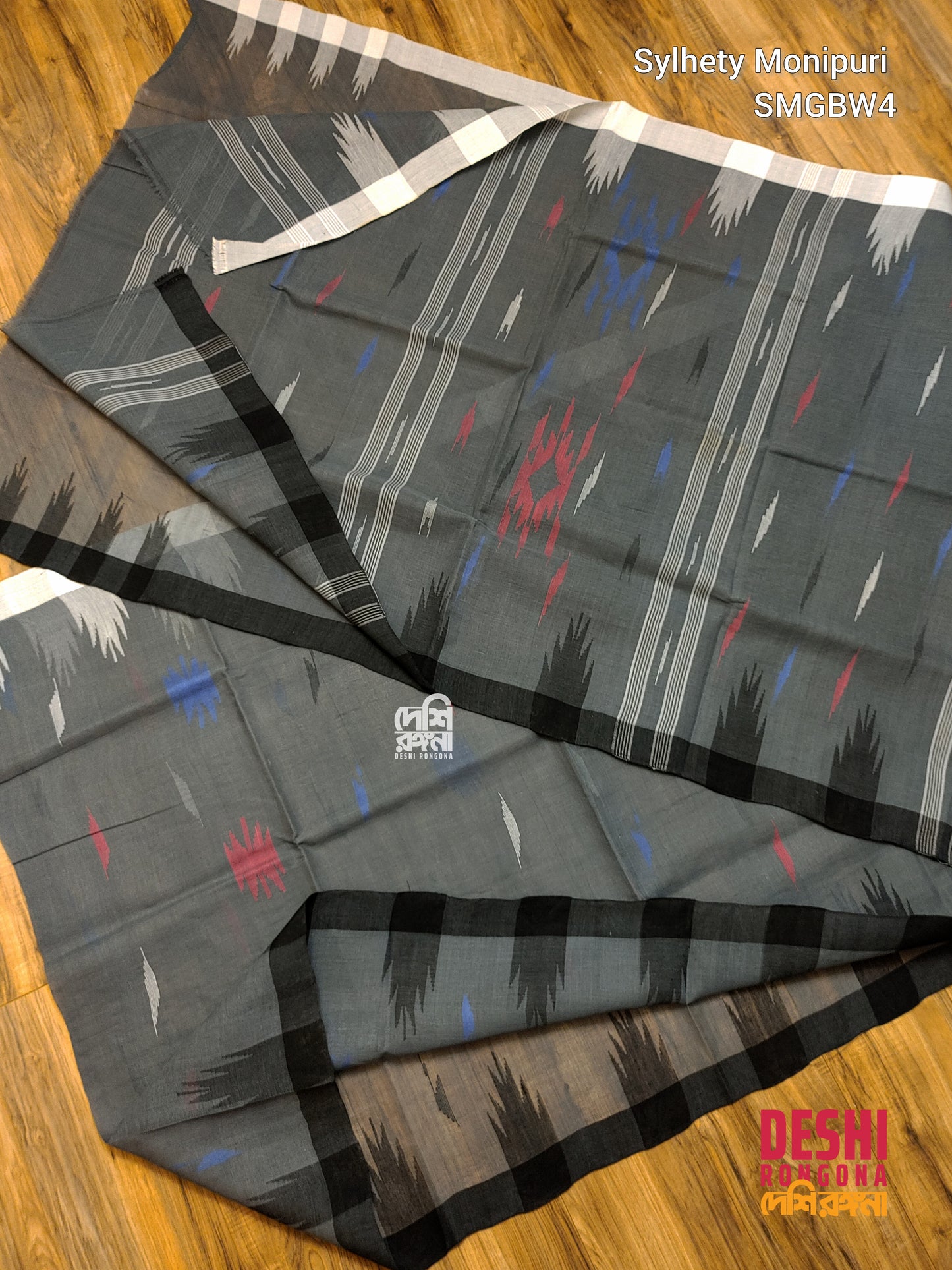 Sylheti Monipuri Handwoven Cotton Saree – Gray & Black